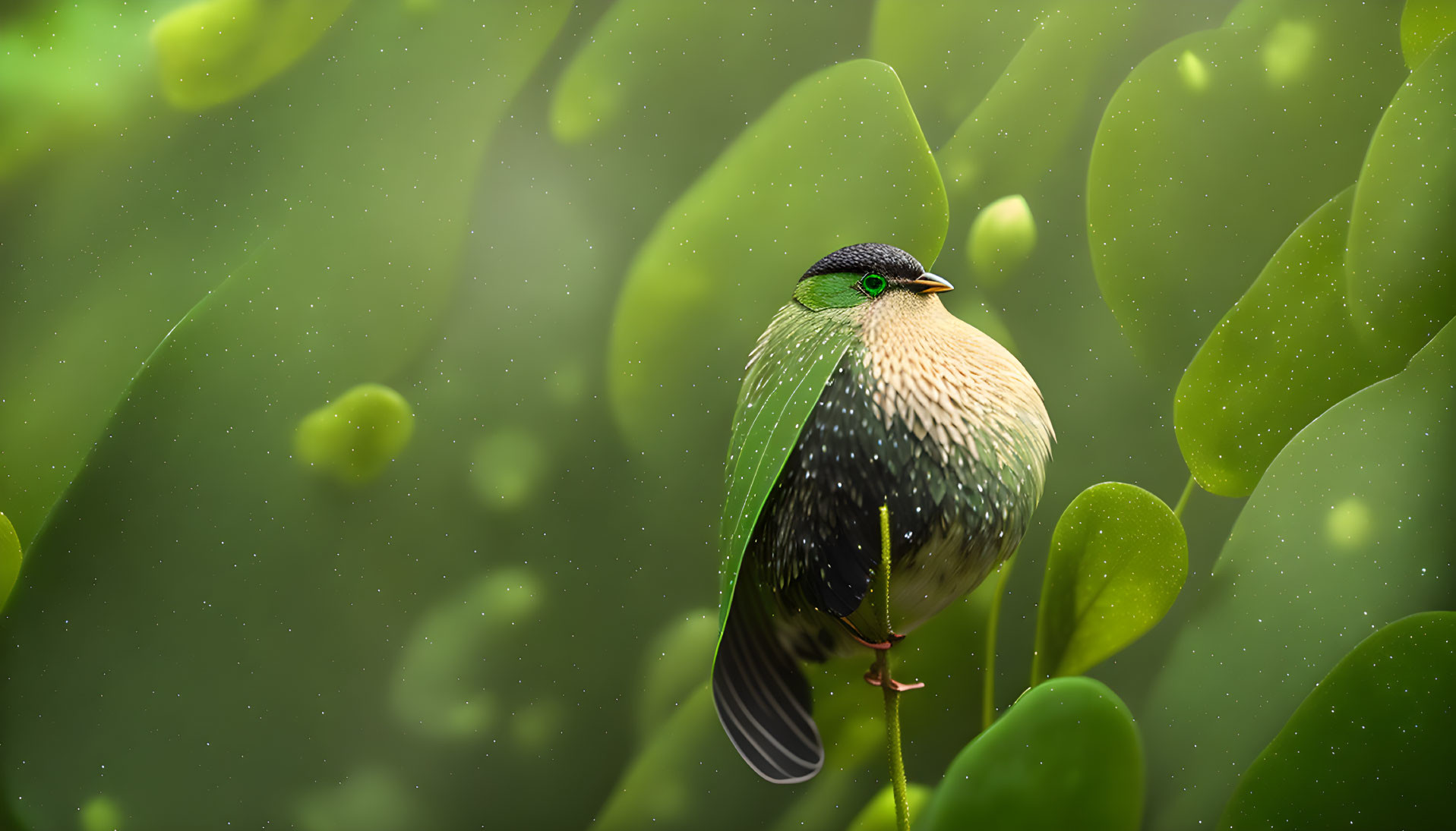 Vibrant bird with iridescent feathers in green leaf setting