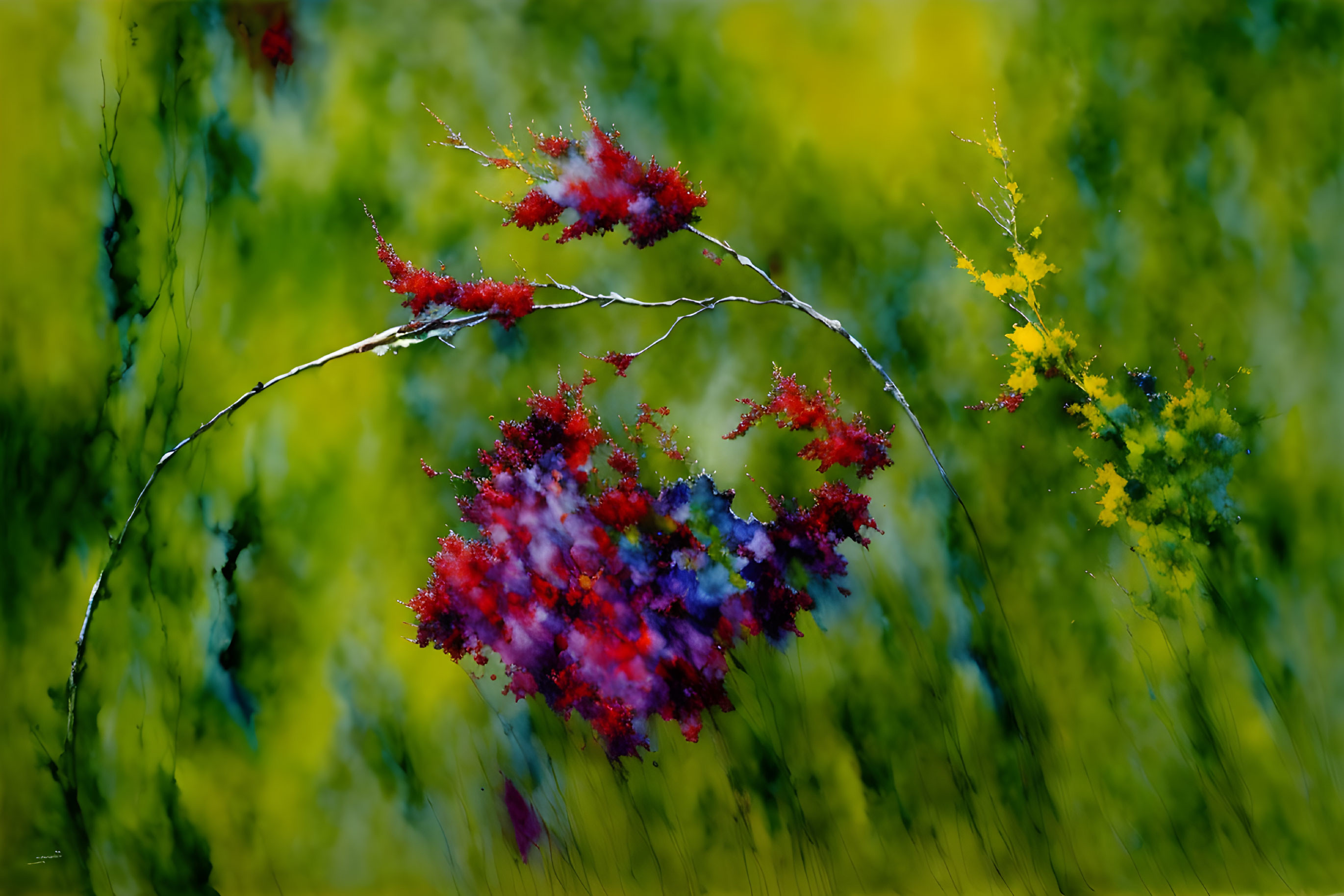 Colorful digital painting of delicate branch with red blossoms in dreamy style