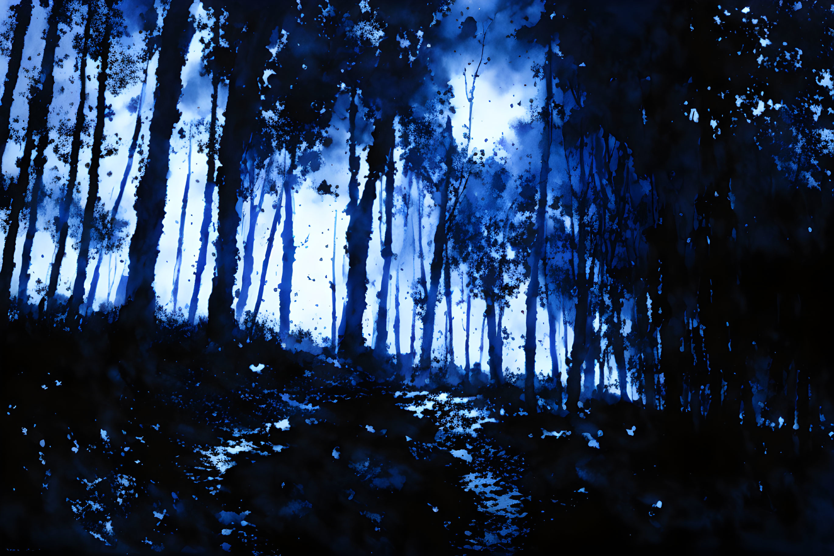 Monochromatic blue forest with silhouetted trees and path