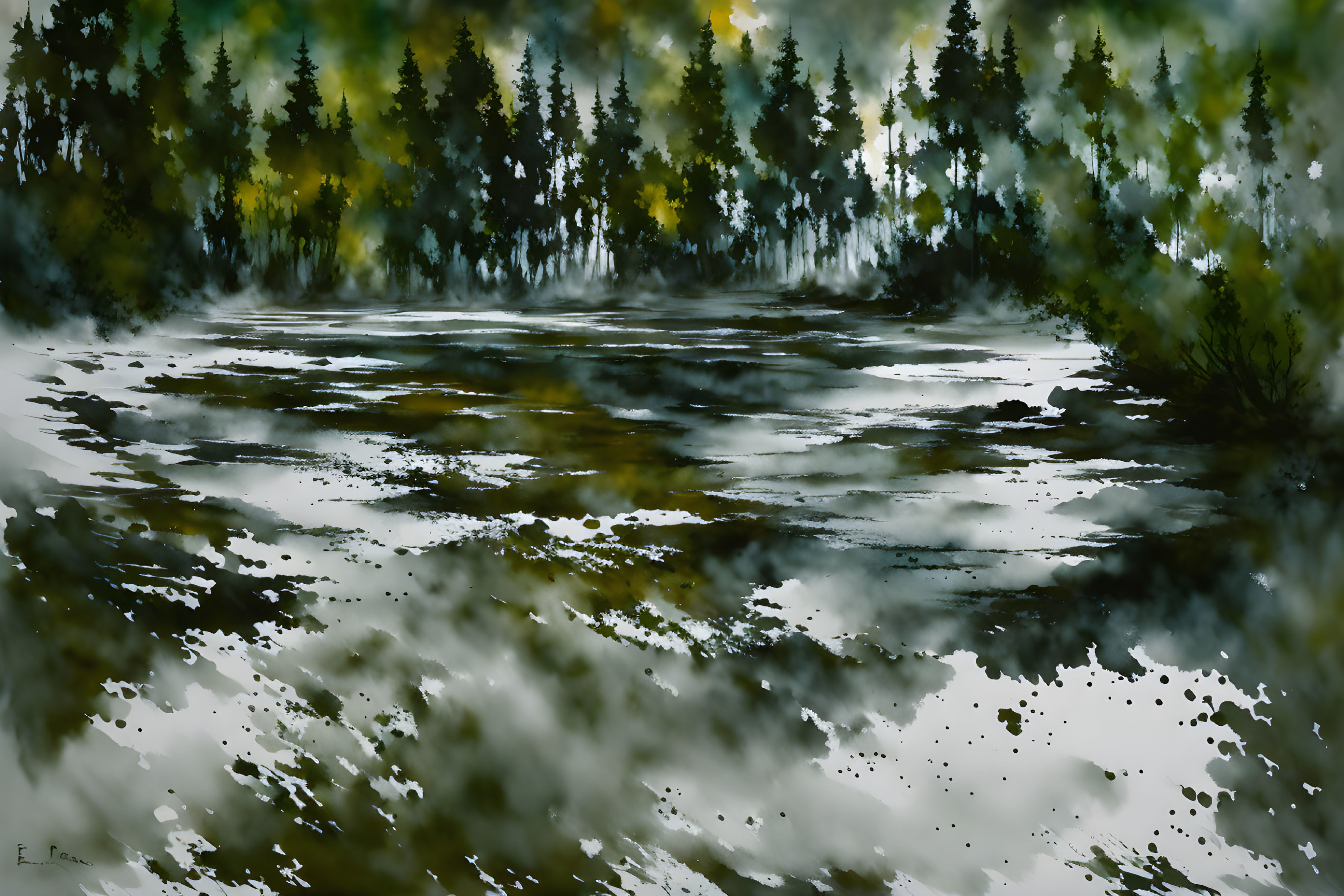 Dark Forest Painting with Misty Water Reflections