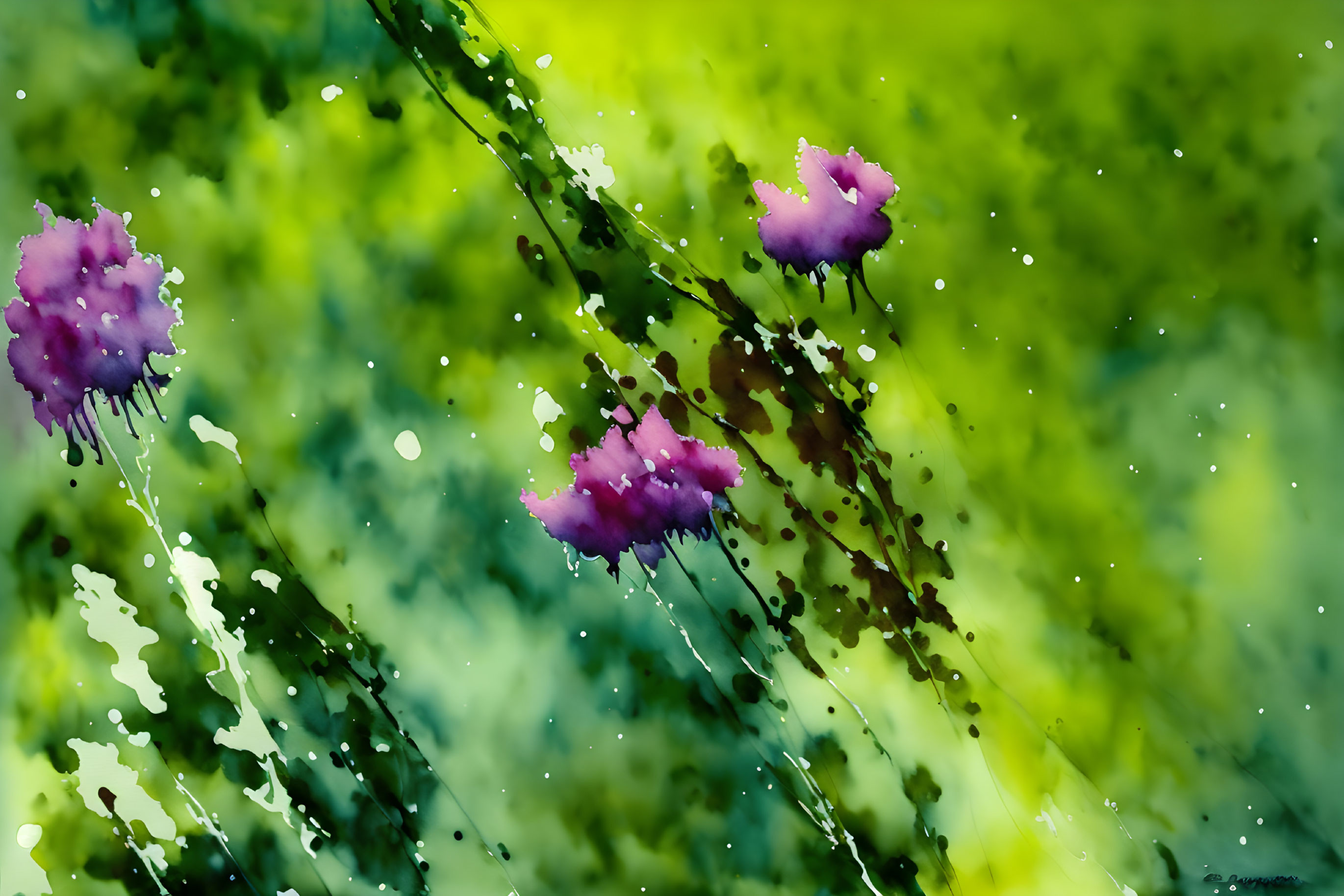 Purple flowers on green stems in abstract art with paint drips on green bokeh background