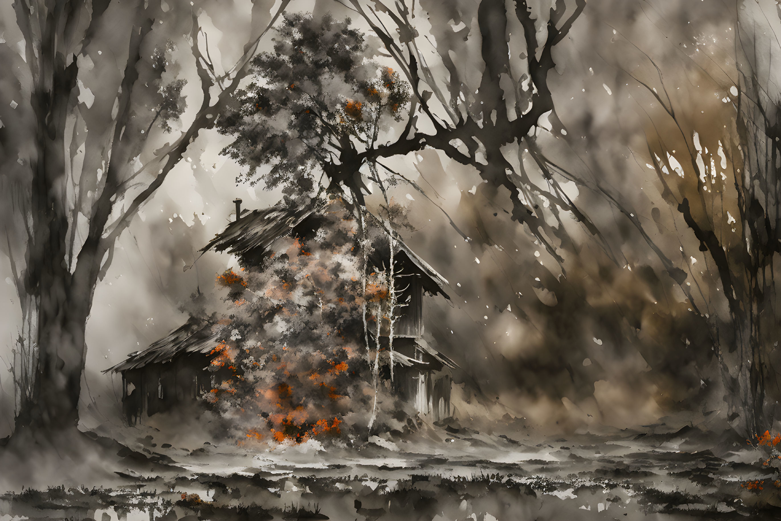 Monochrome painting of solitary cabin in forest with orange foliage under overcast sky