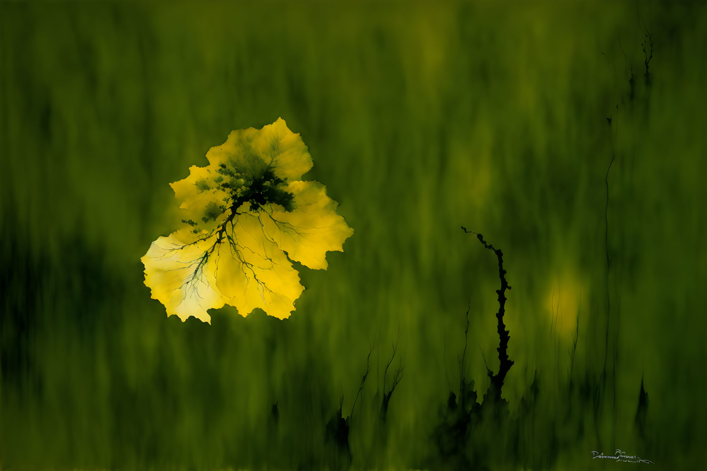 Vibrant yellow leaf contrasts with dark green background