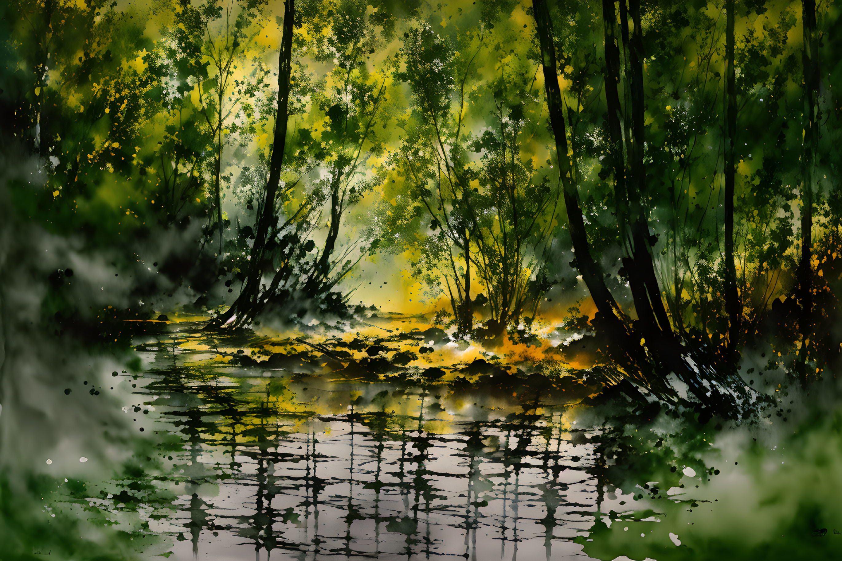 Tranquil forest scene with reflective water and sunlight filtering through trees