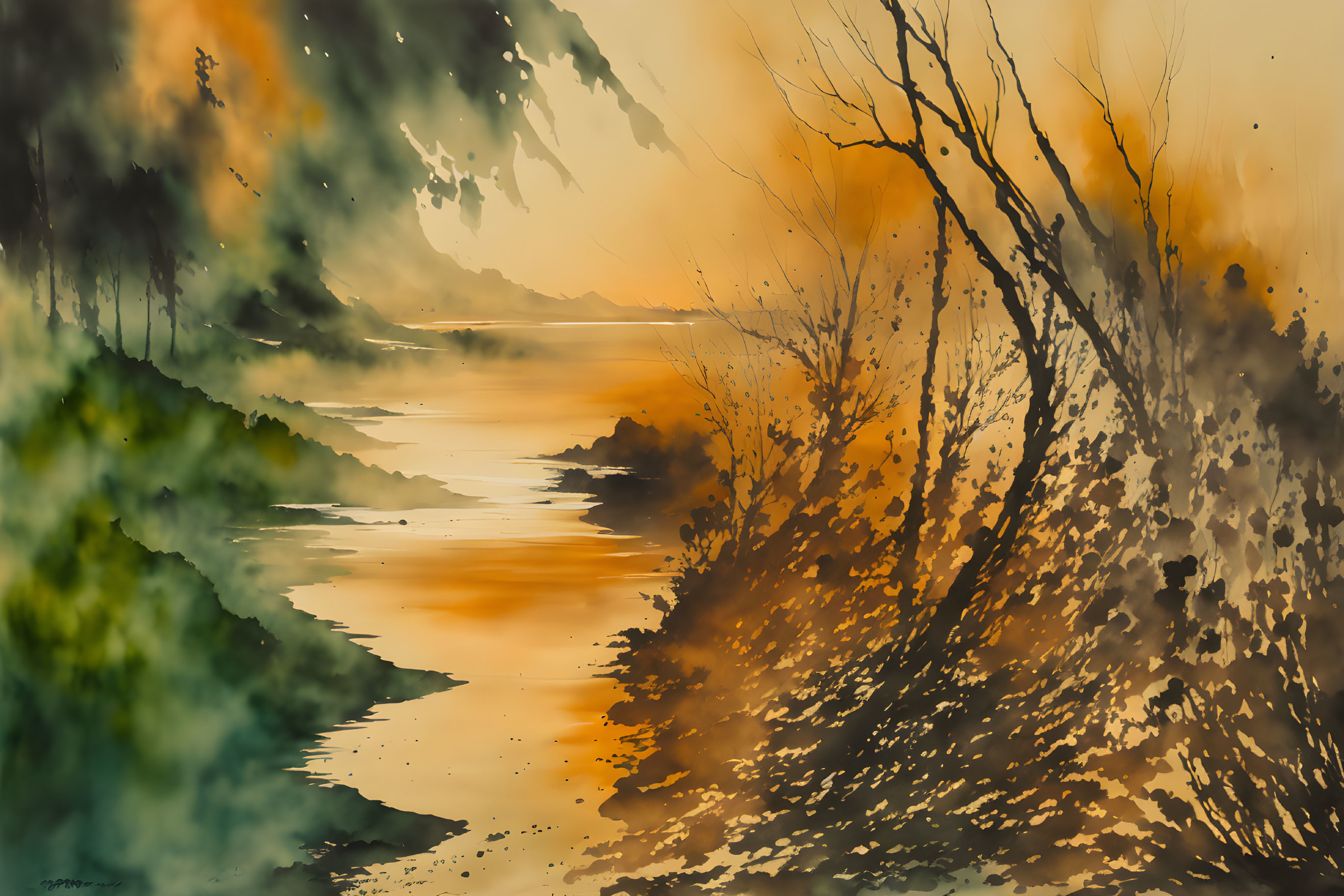 Tranquil sunset river scene with orange hues, tree silhouettes, and mist.