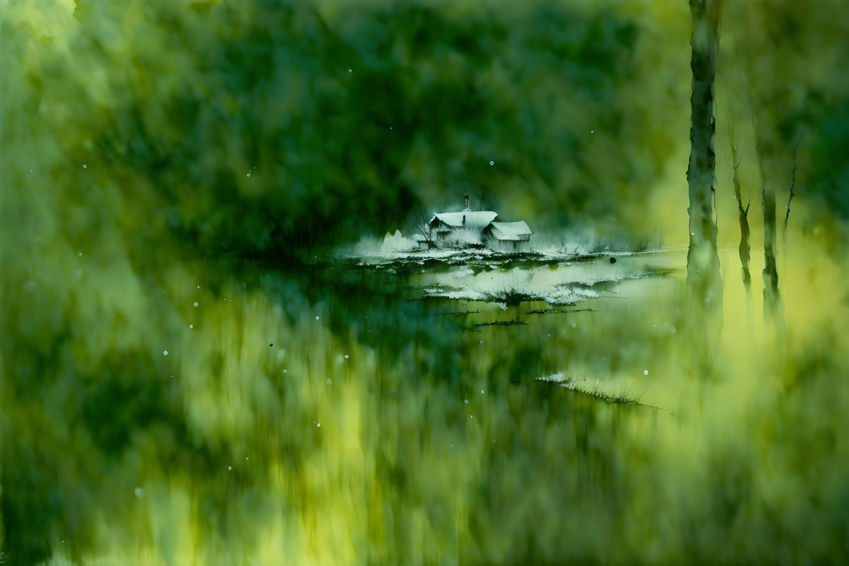 Misty waterscape with tree and house silhouettes in green and yellow