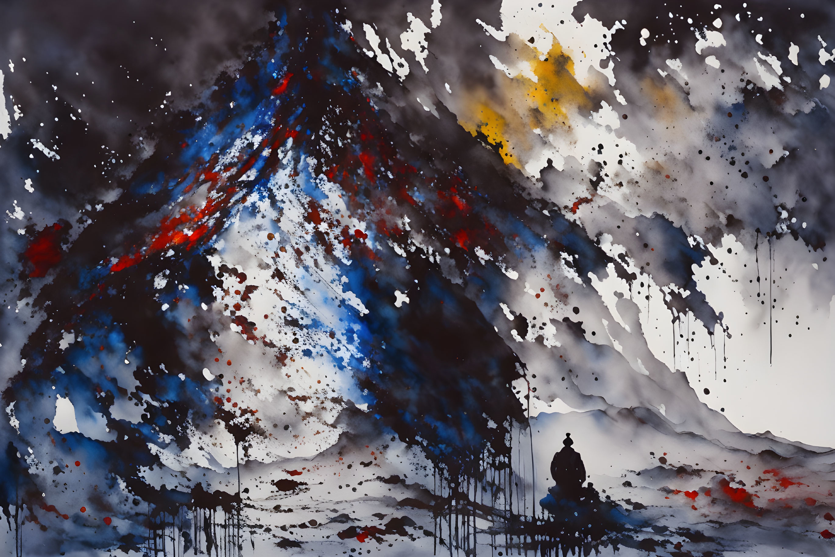 Abstract volcanic eruption with figure in fiery red and dark blues