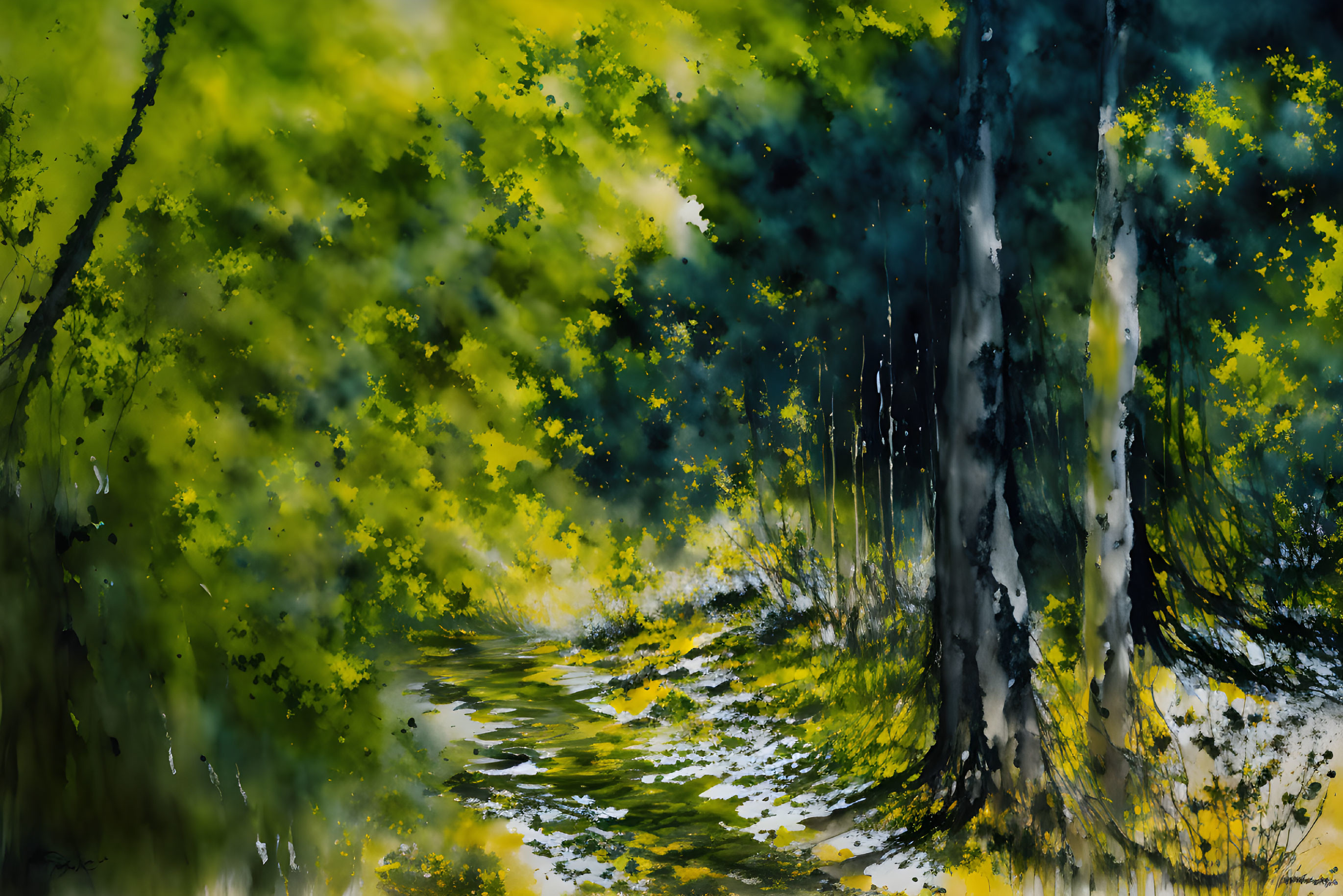 Lively digital forest painting with vibrant green trees and meandering path