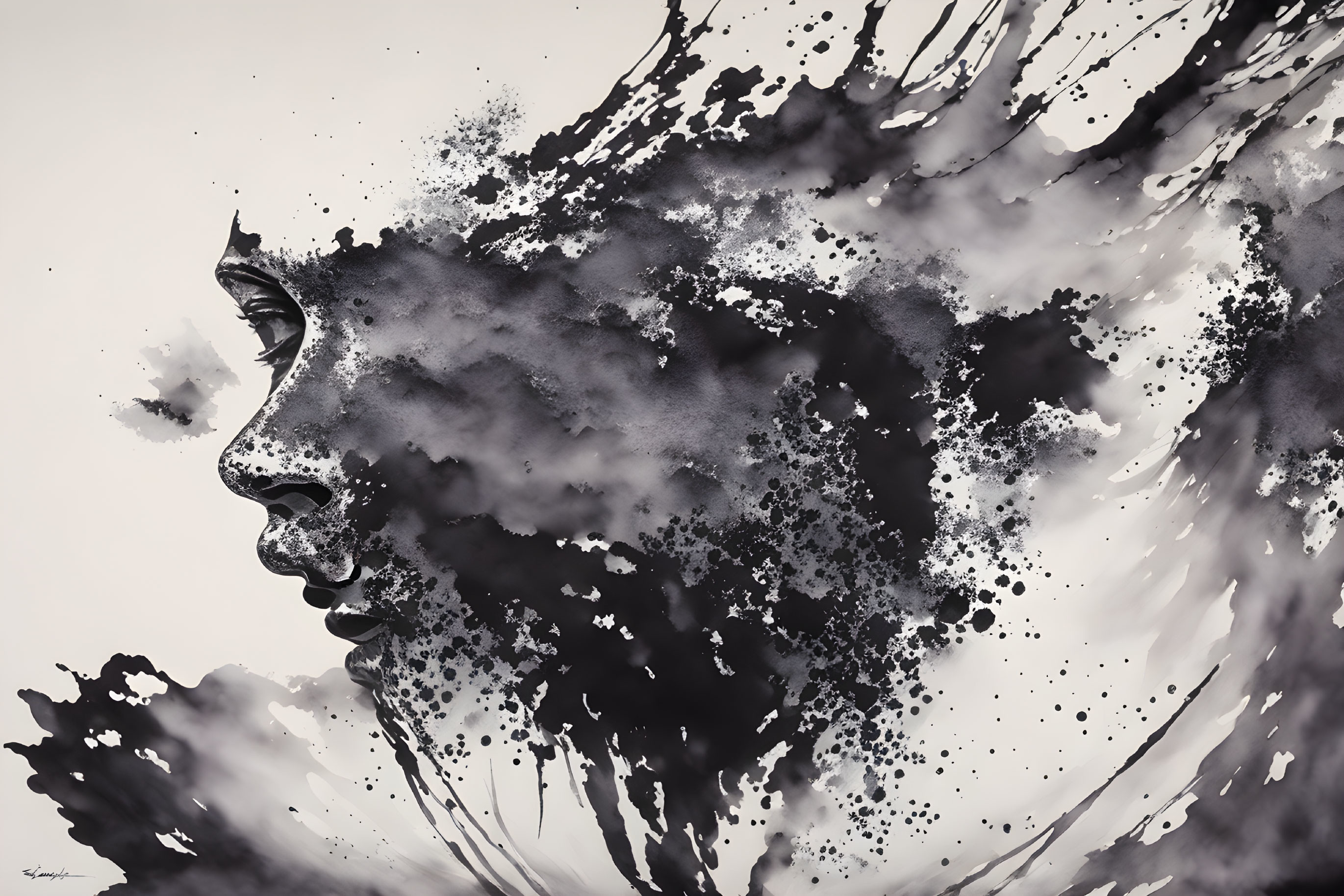 Monochromatic side profile face art dissolves into abstract splashes and ink blots.