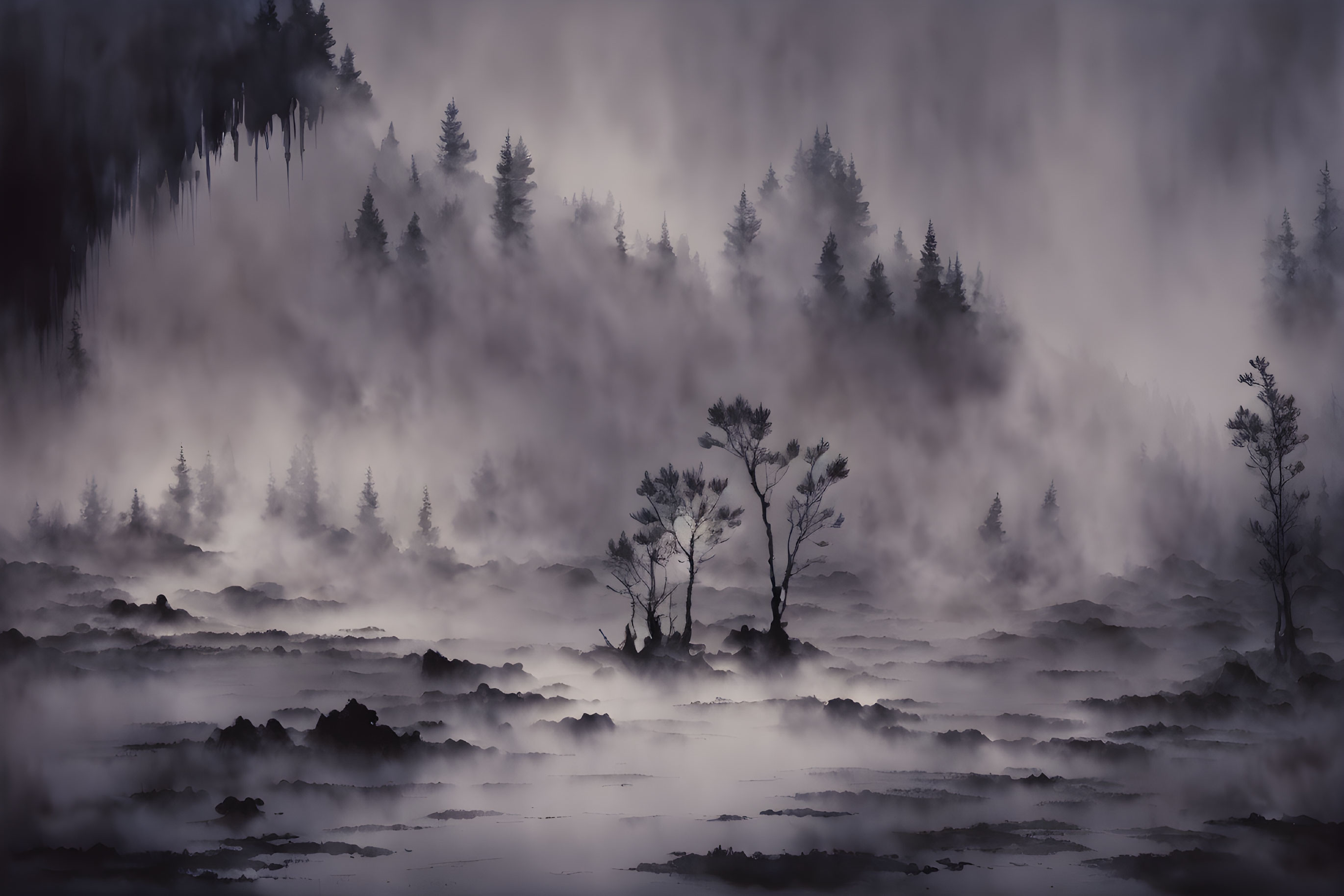 Monochrome misty landscape with tree silhouettes over water