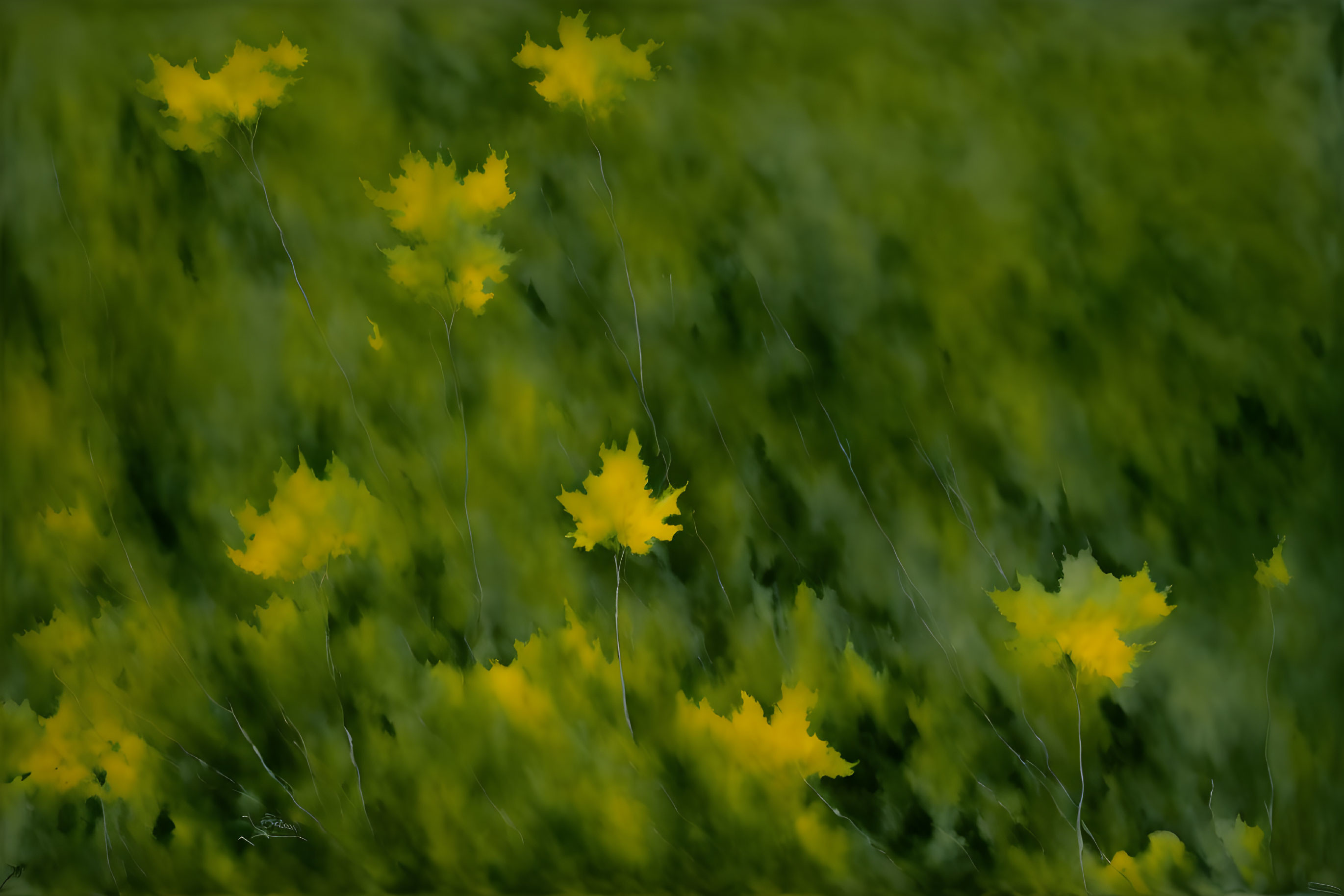 Floating vivid yellow leaves against blurred green background