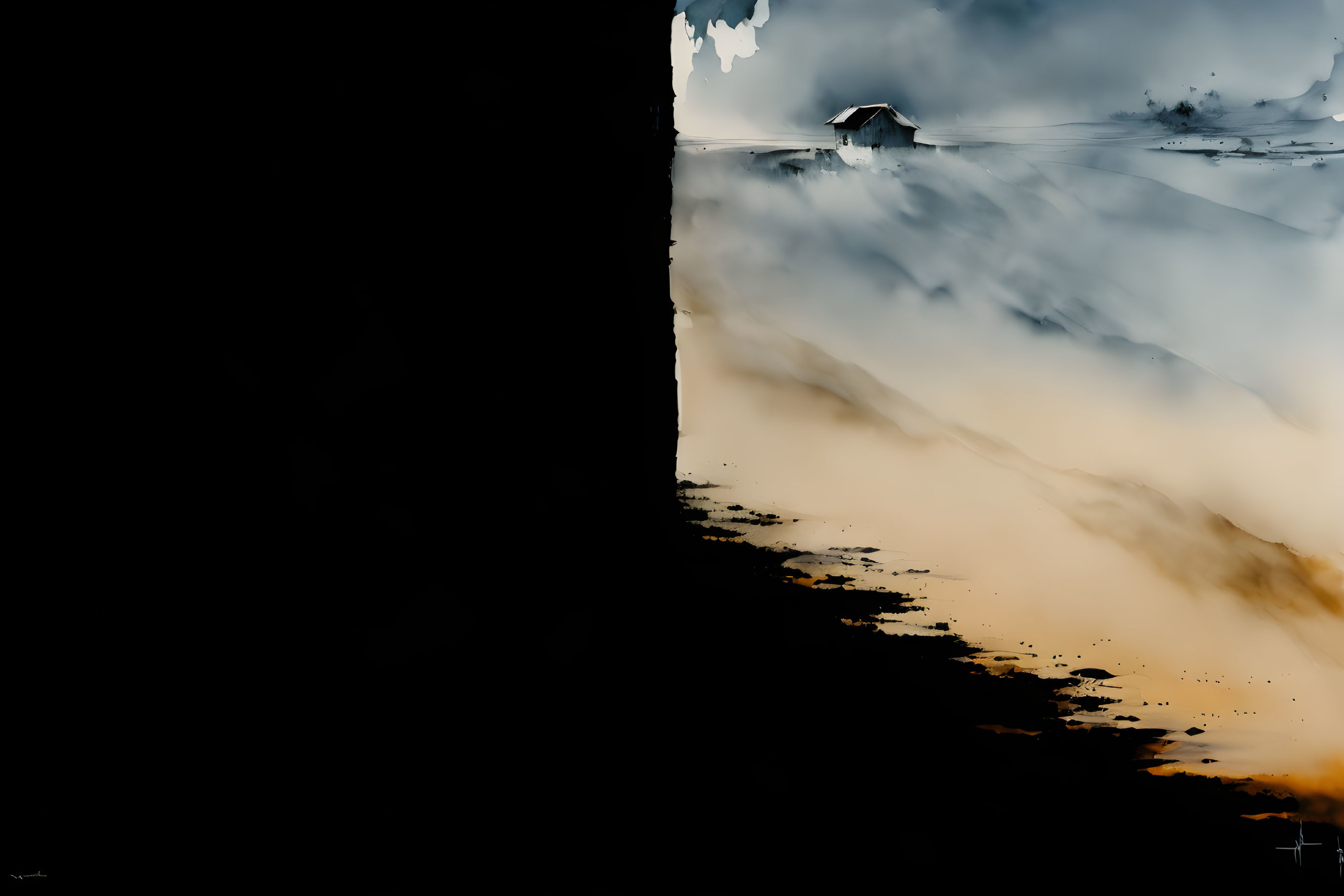 Tranquil monochrome landscape with fog over calm lake