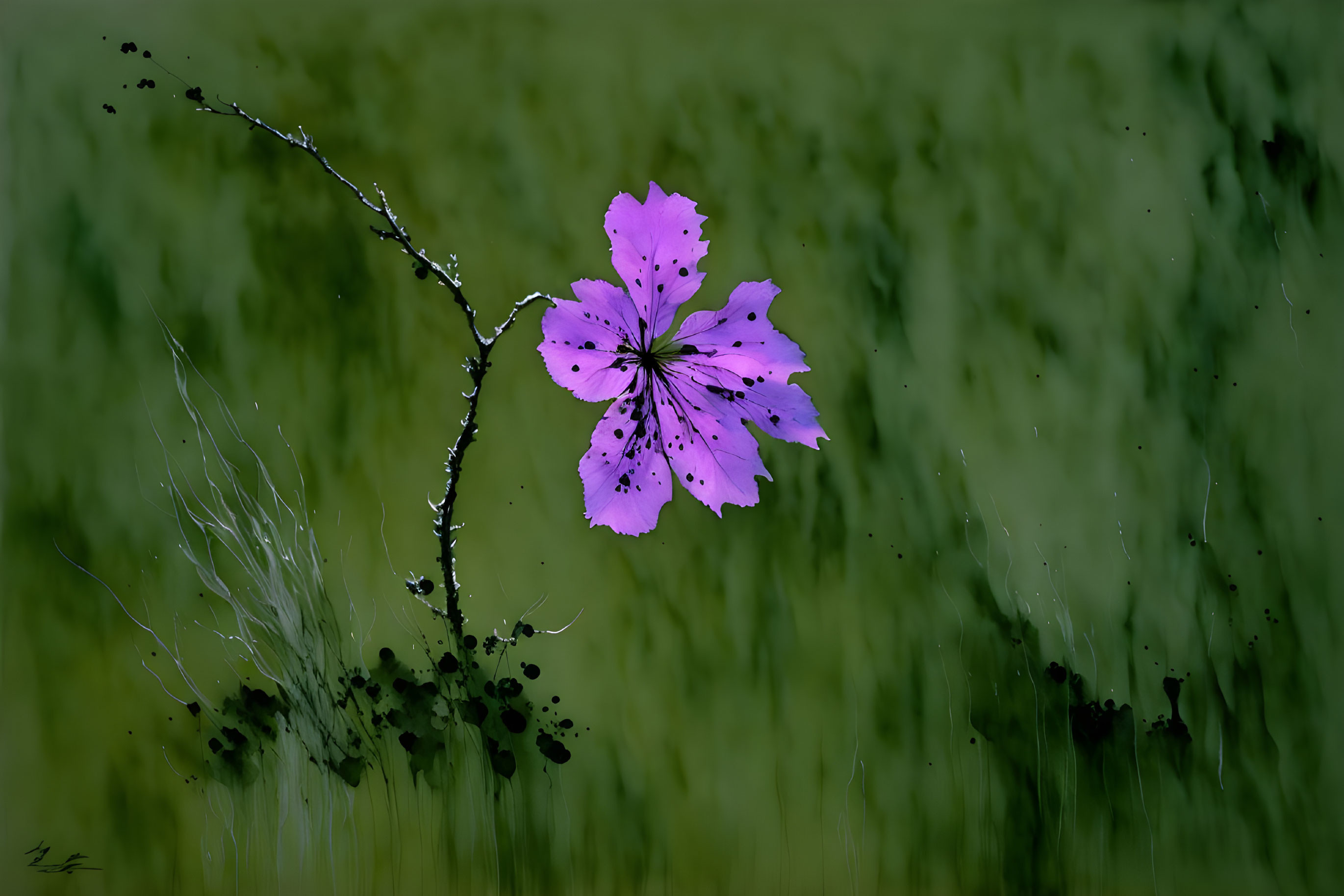 Vivid Purple Flower with Dark Spots on Slender Stem Against Blurred Green Background