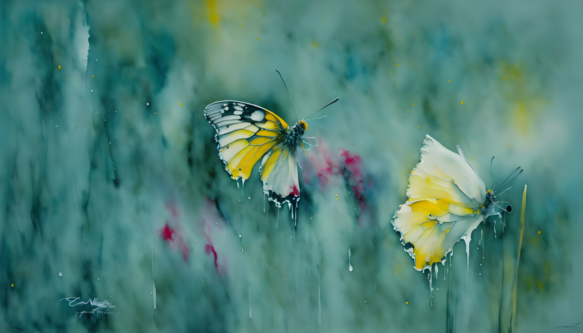 Yellow and Black Butterflies with Watercolor Splashes on Blurred Blue and Green Background