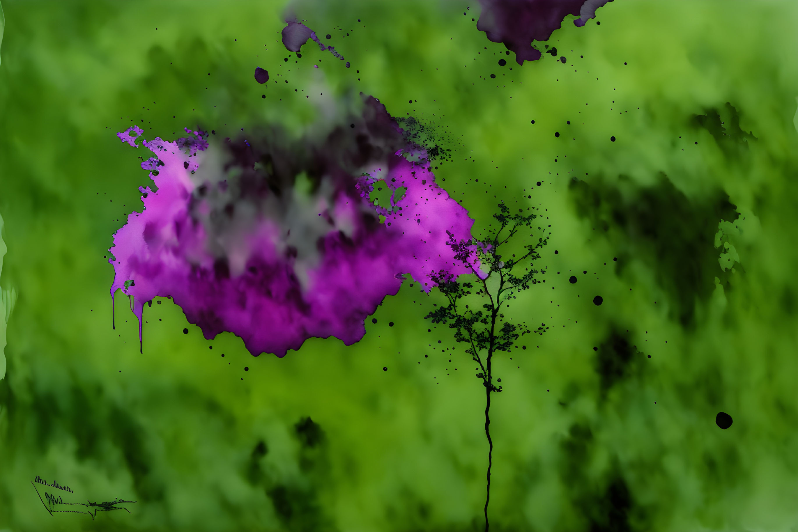 Abstract art: Vibrant purple splash on green watercolor background