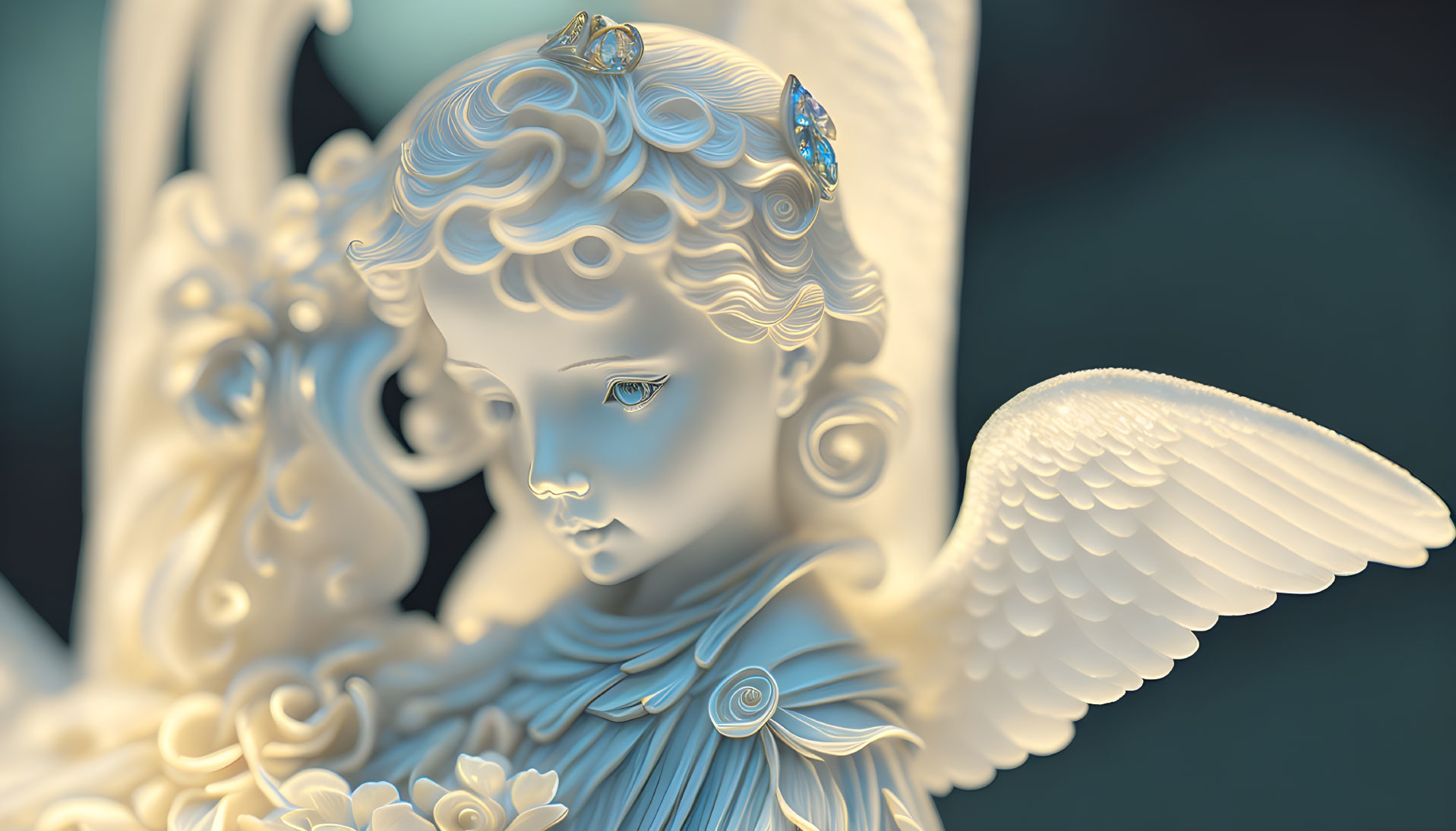 Porcelain angel figurine with intricate details and feathered wings