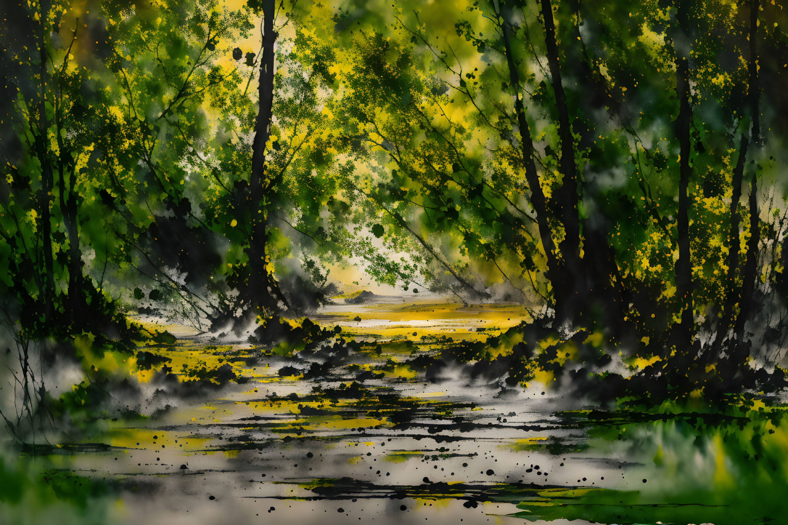 Sunlit forest watercolor painting with green foliage and reflective path