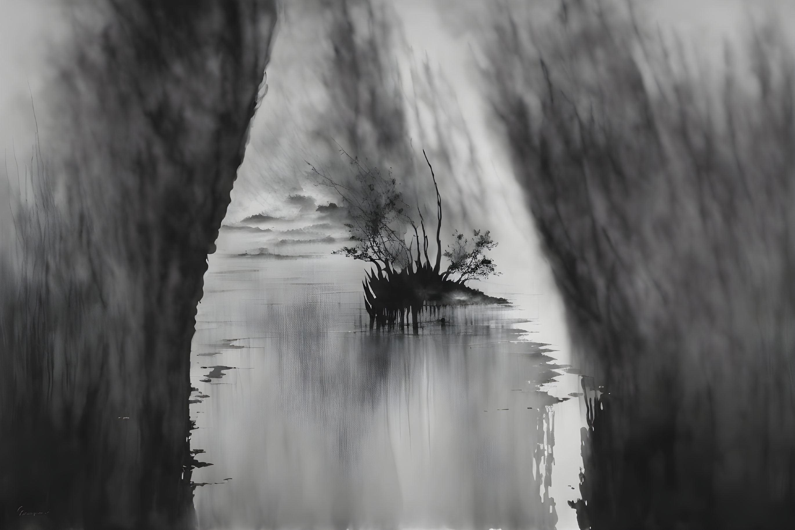 Monochromatic landscape with silhouetted trees, calm water, mist, and isolated bush