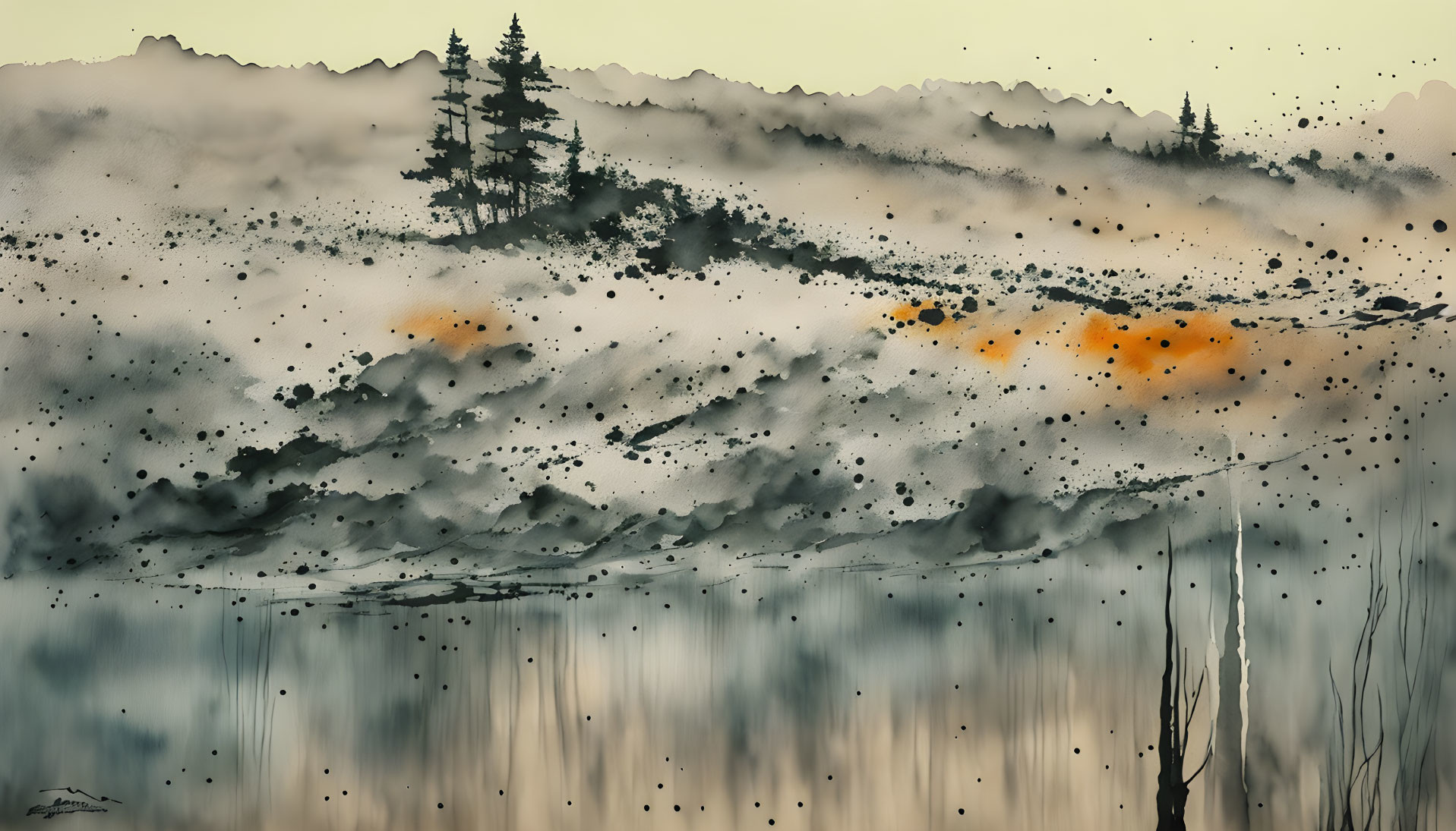 Ethereal landscape painting with misty mountains and fog-covered trees