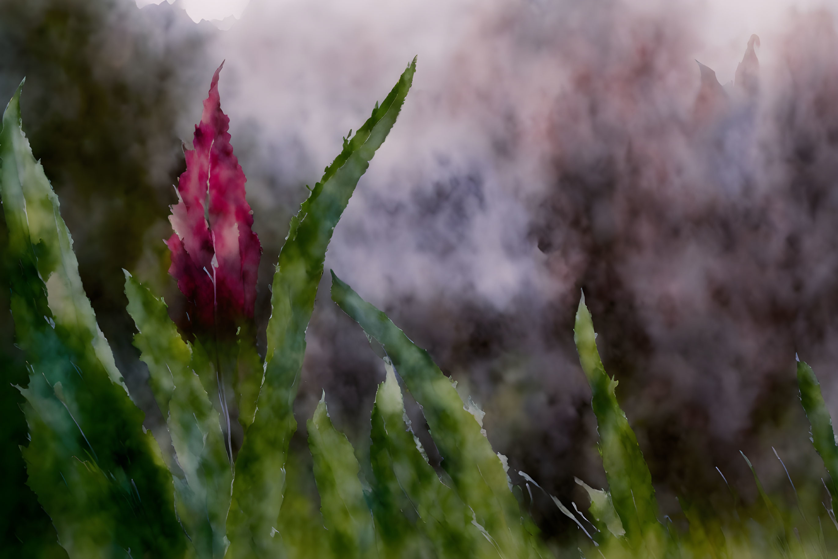 Green Leaves with Red Bloom on Dark Background