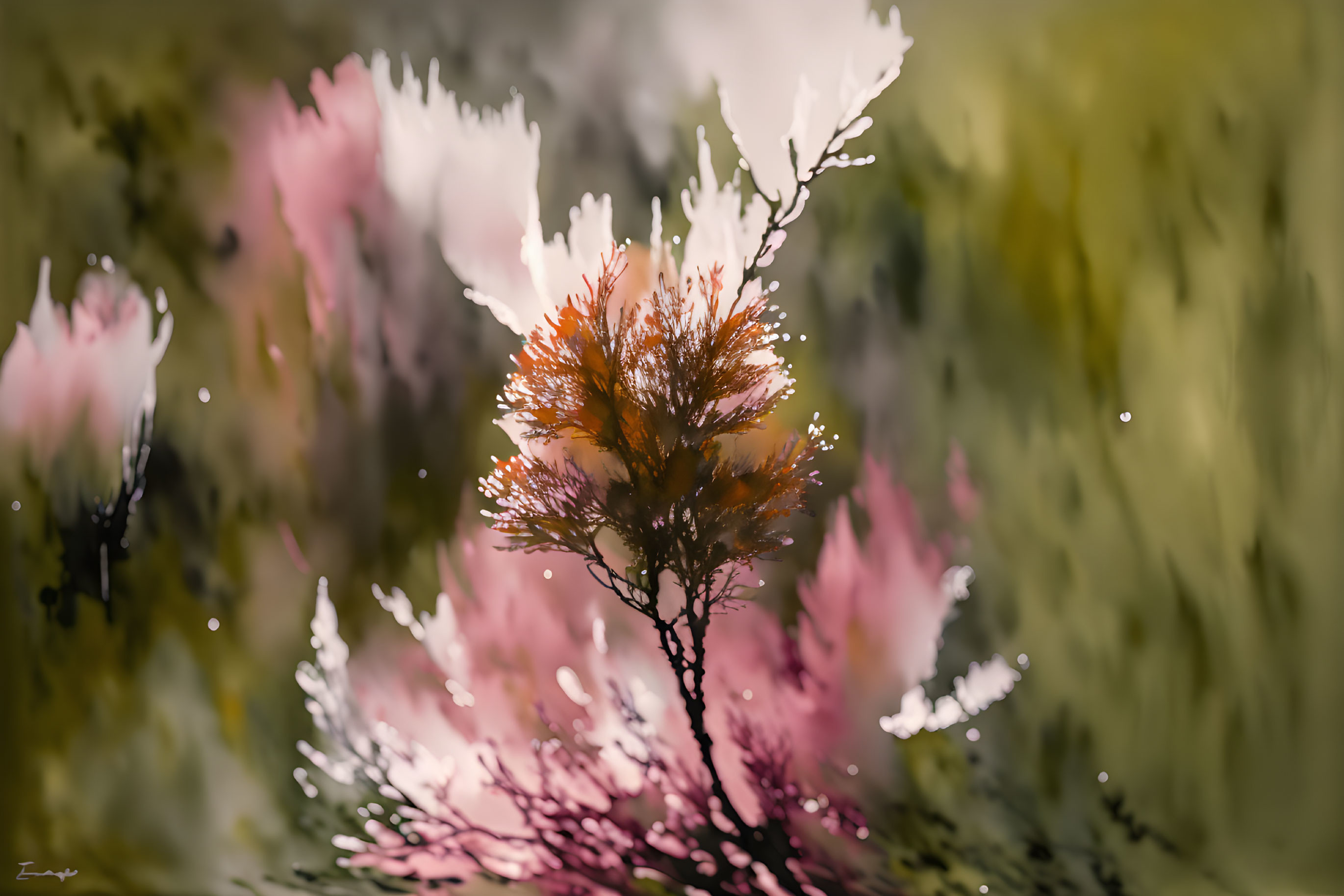 Blurred abstract art of warm orange tree with pink and green brushstrokes