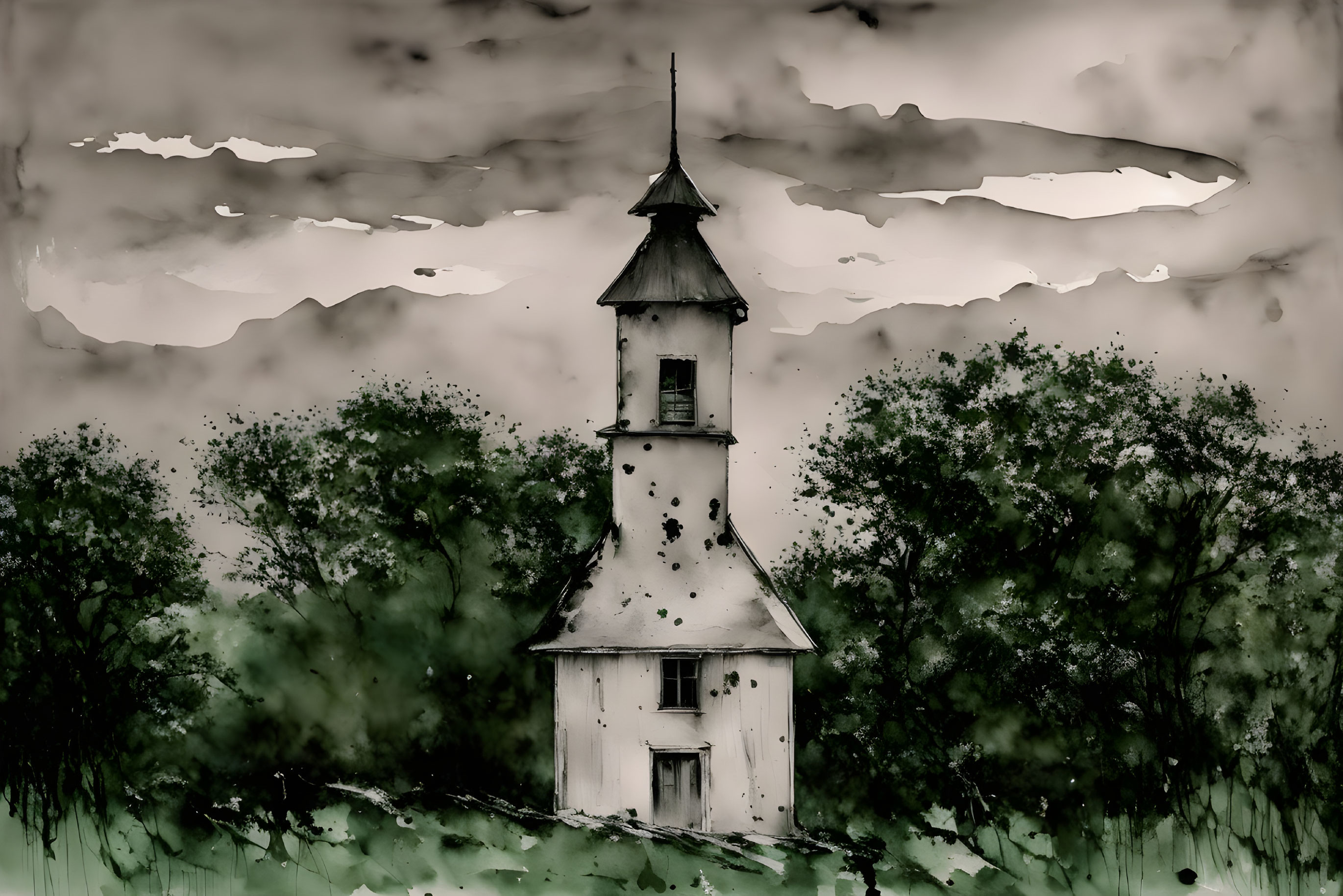 Weathered chapel with pointed steeple in lush, gloomy setting