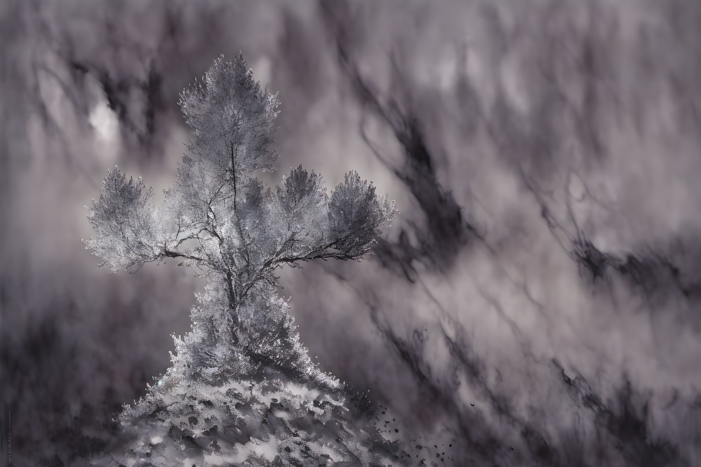 Snow-covered lone tree on misty knoll in monochromatic forest