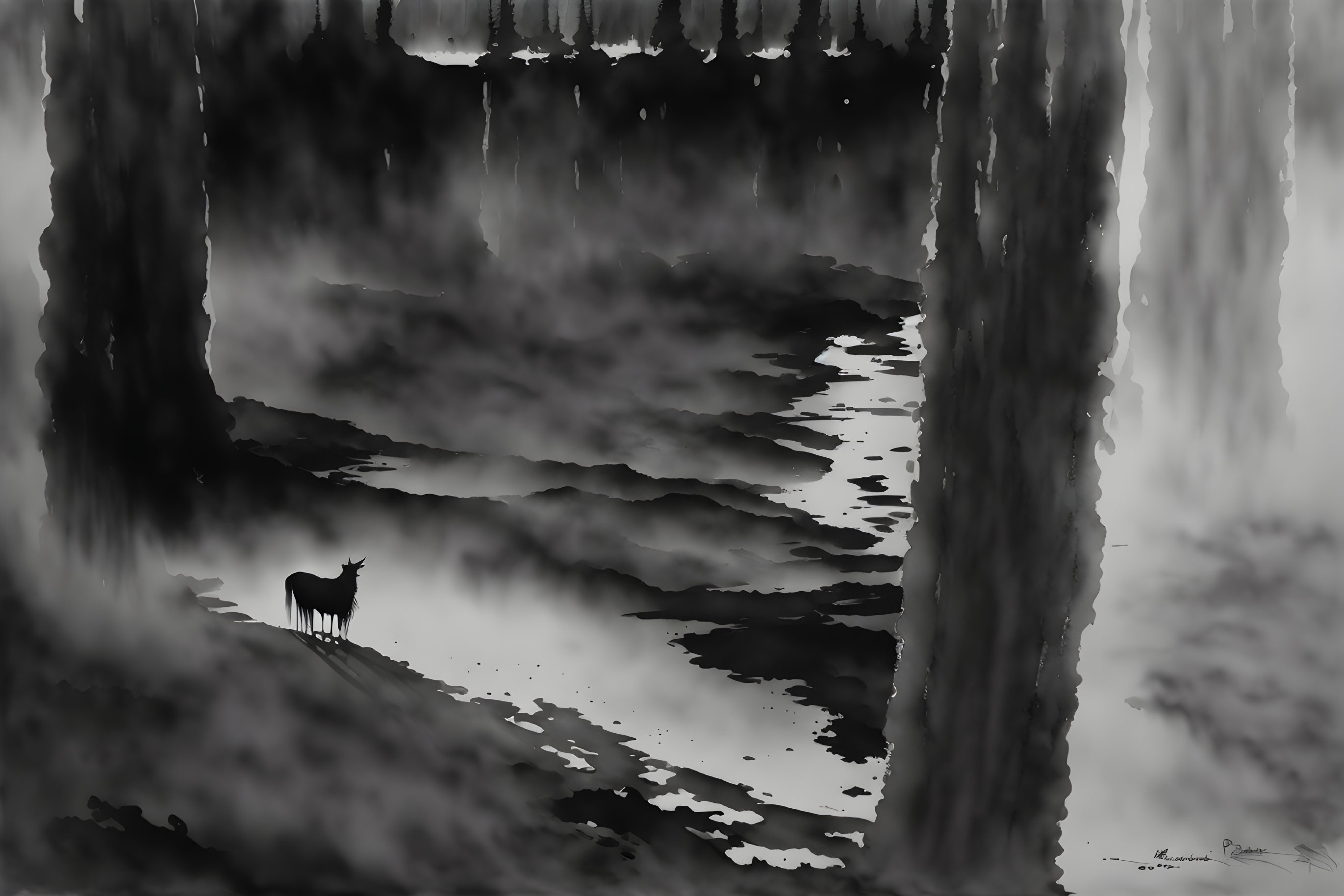 Monochrome artwork: Solitary deer in misty forest landscape