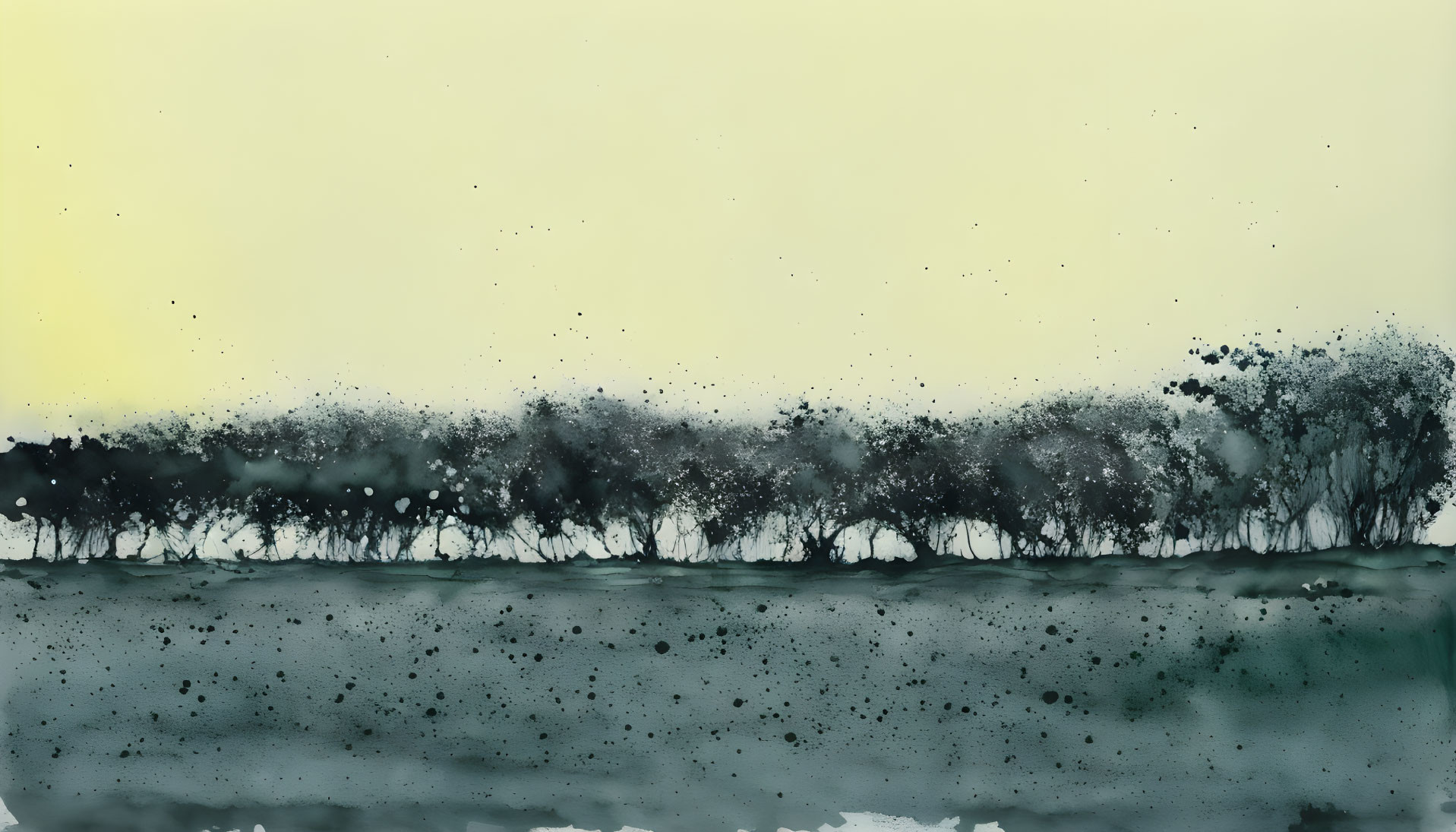 Abstract Watercolor Landscape: Row of Trees, Yellow Sky, Black Ink Texture