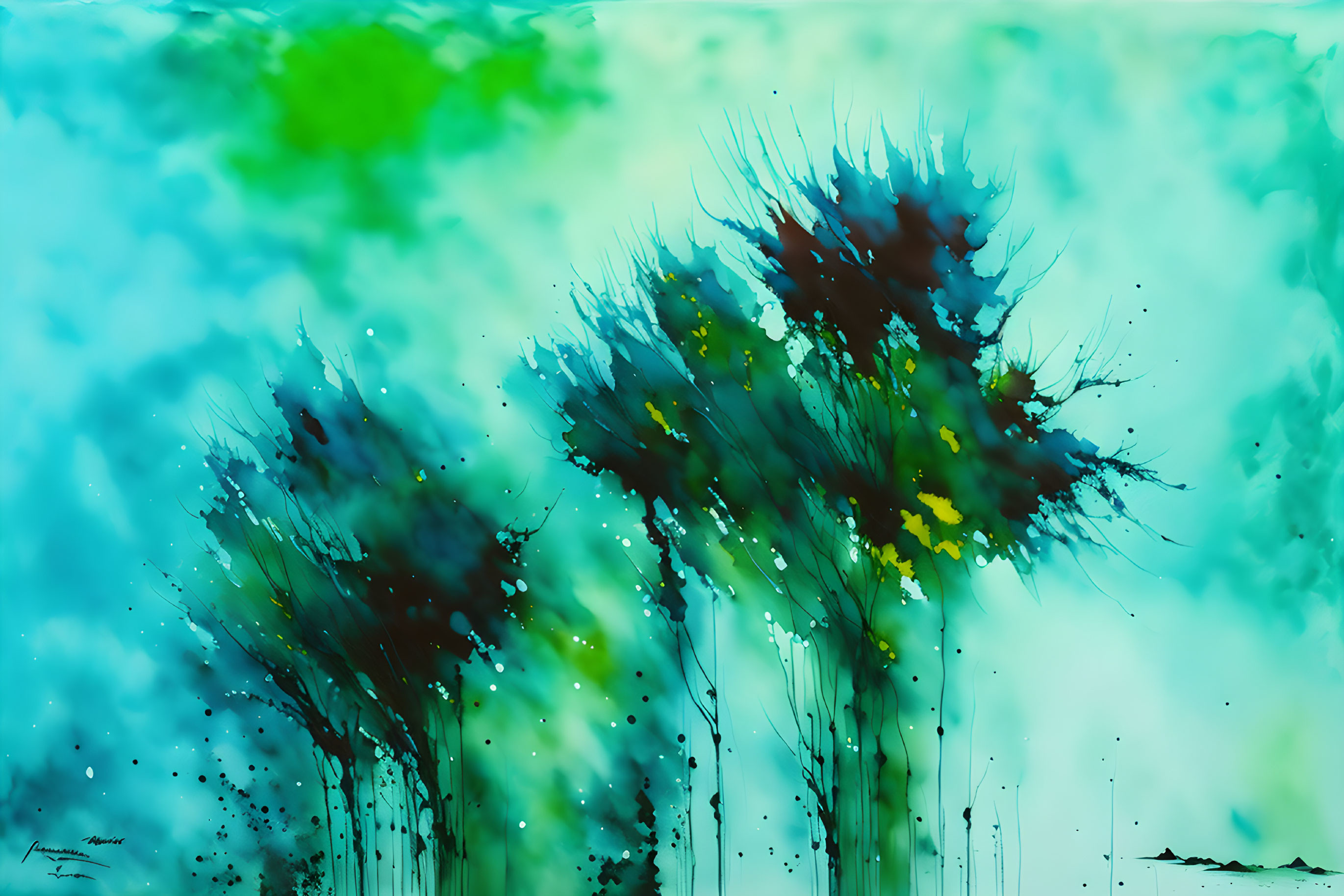 Vibrant Turquoise and Green Abstract Watercolor Painting