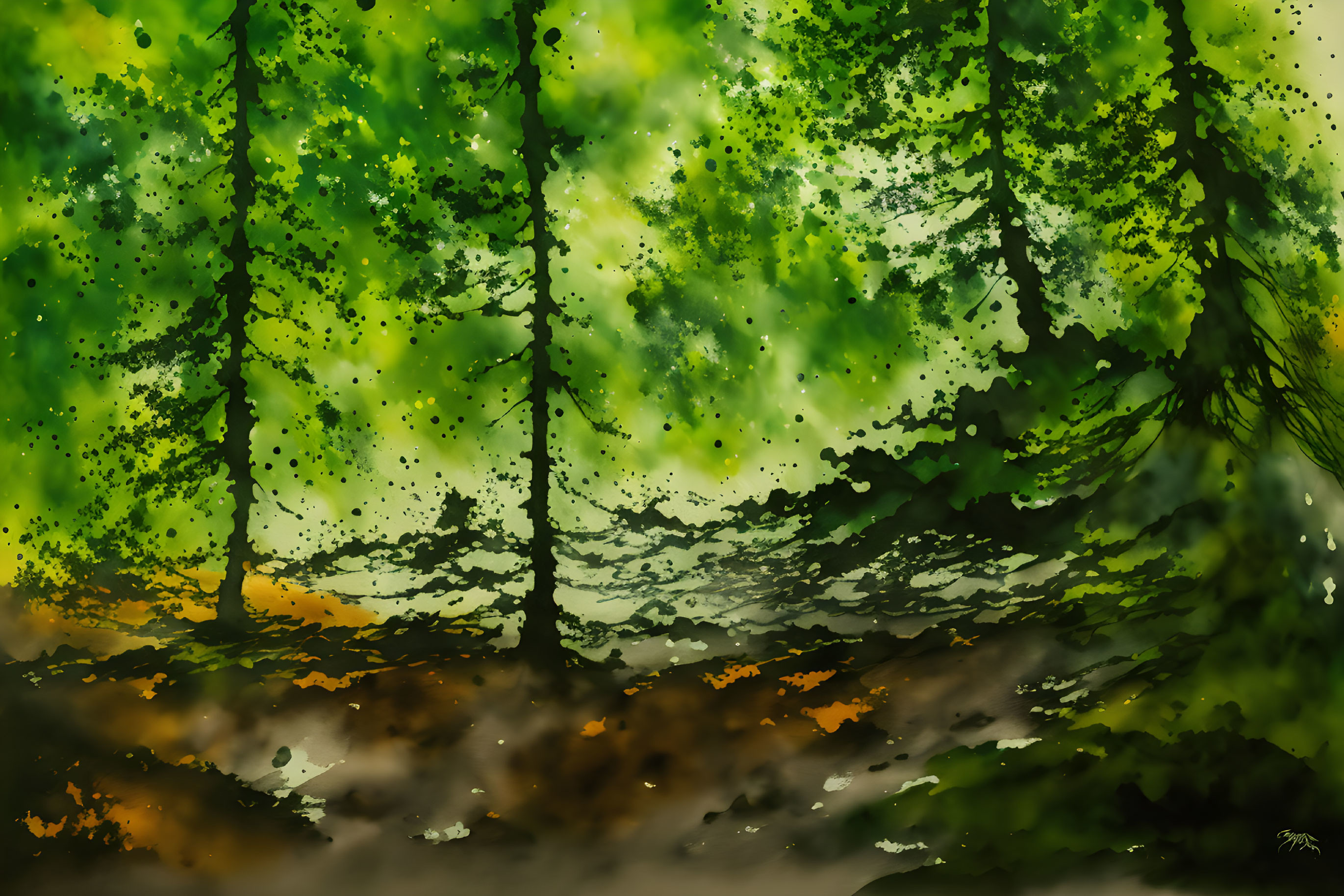 Lush Forest Scene with Green Canopies and Earthy Tones