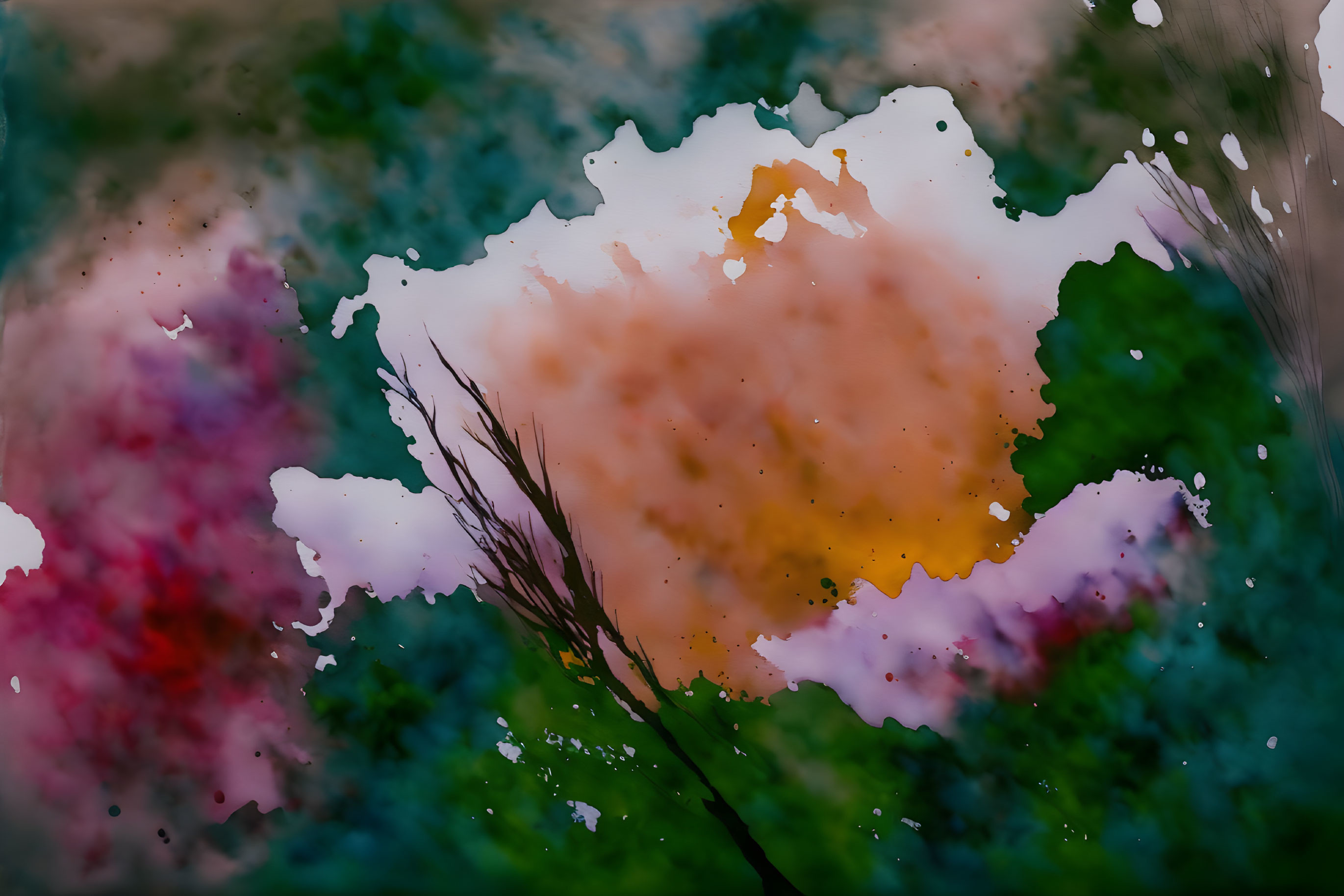 Abstract multi-colored inks creating paint-like effect with plant silhouette