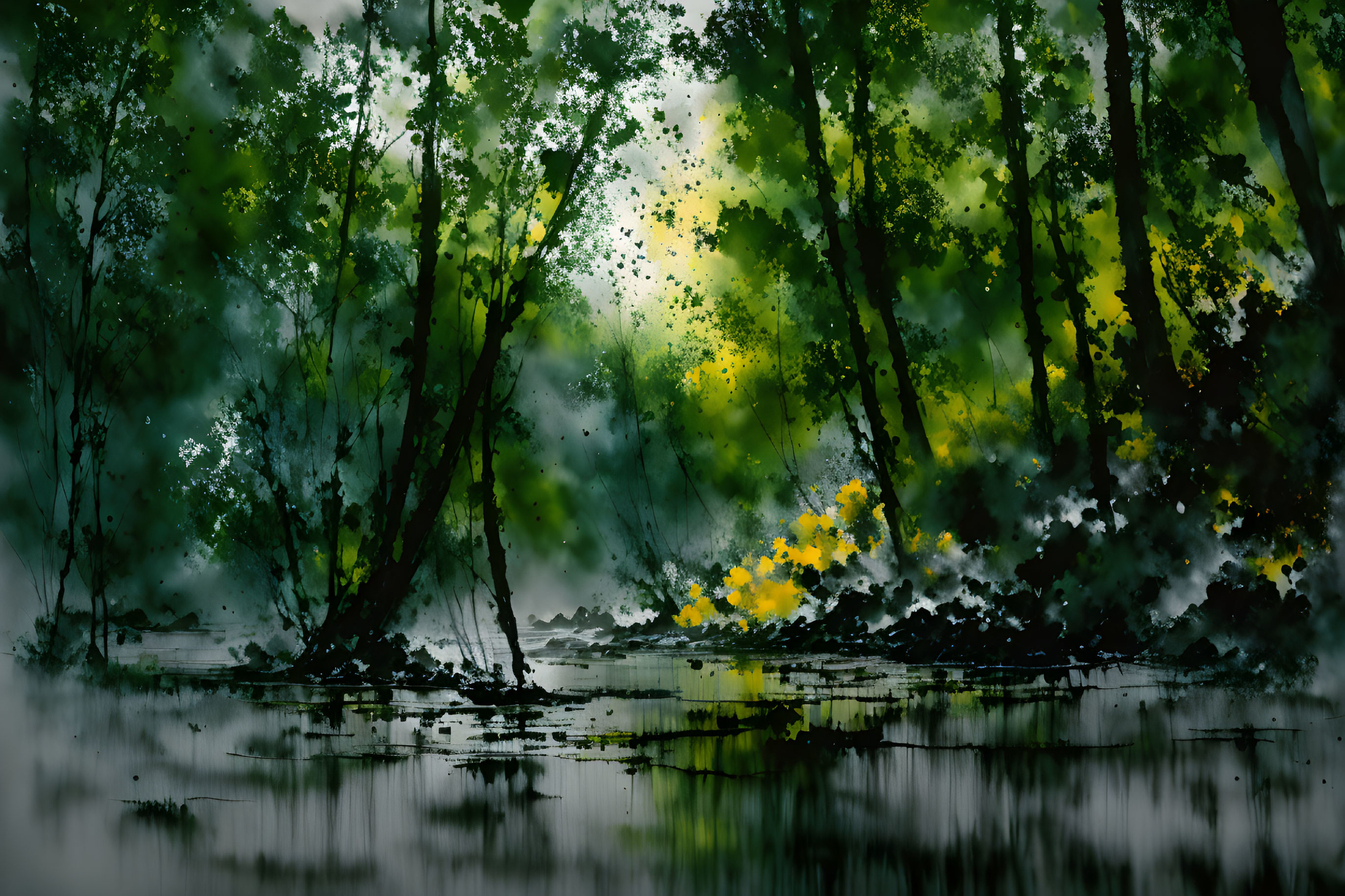 Misty forest painting with reflective water and green hues