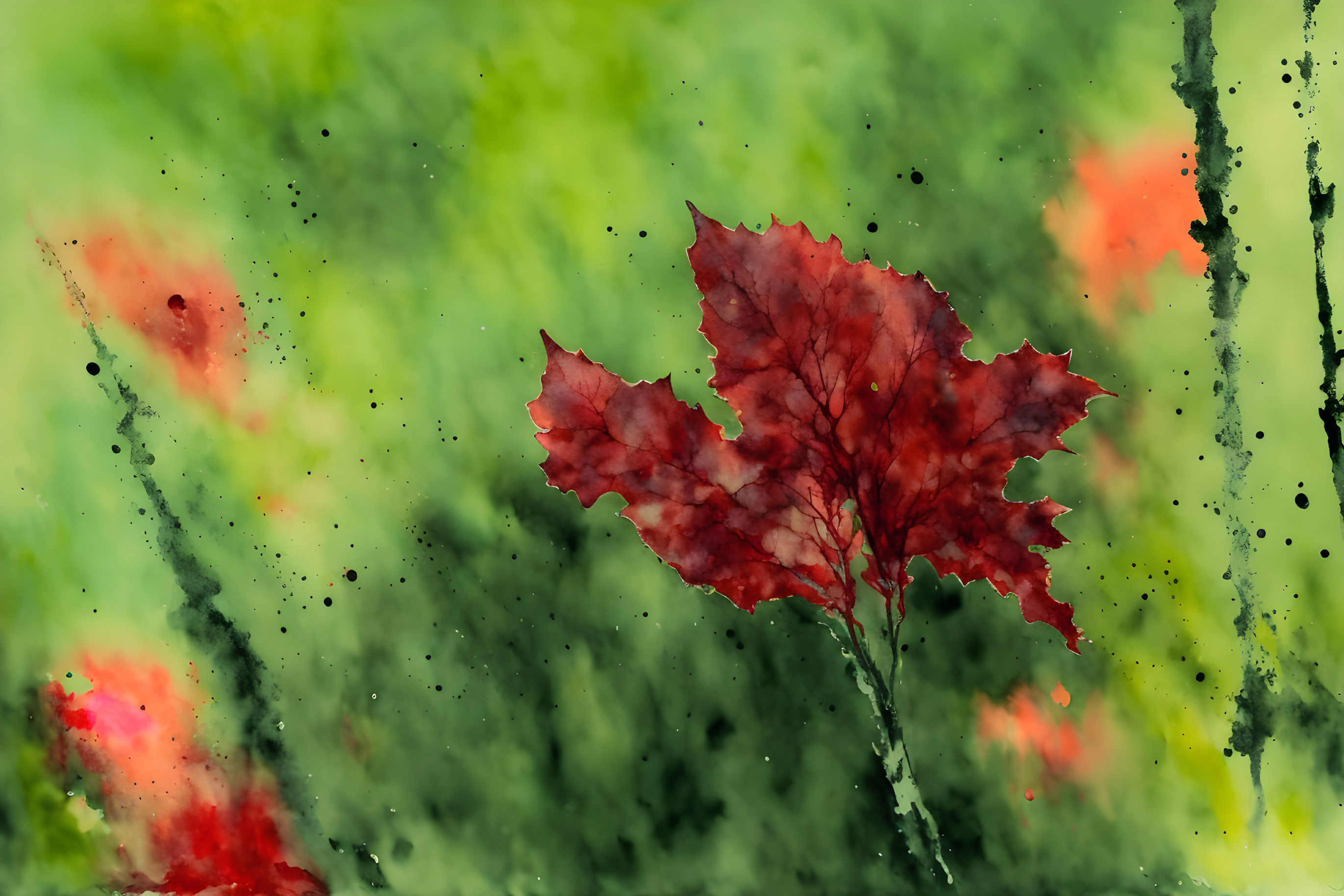 Vivid Red Maple Leaf on Watercolor Background