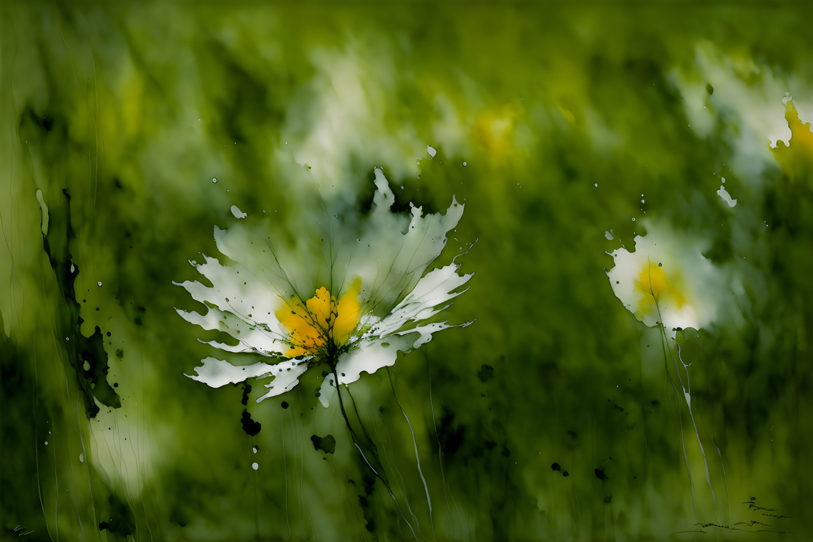 Abstract art: Flowers in white and yellow paint splatters on blurred green backdrop