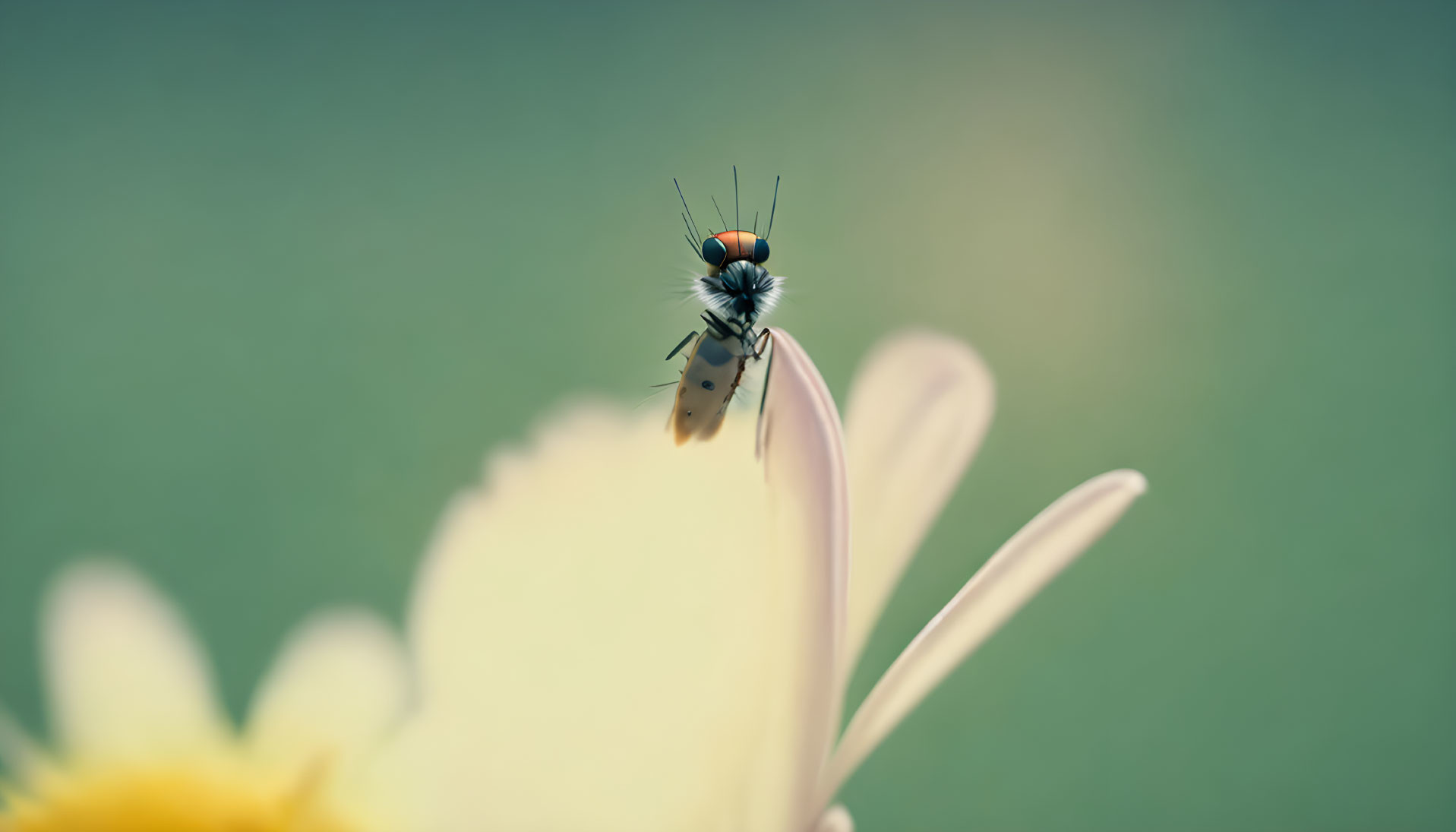 Macro photo of red-eyed fly on pale yellow flower petal in green backdrop