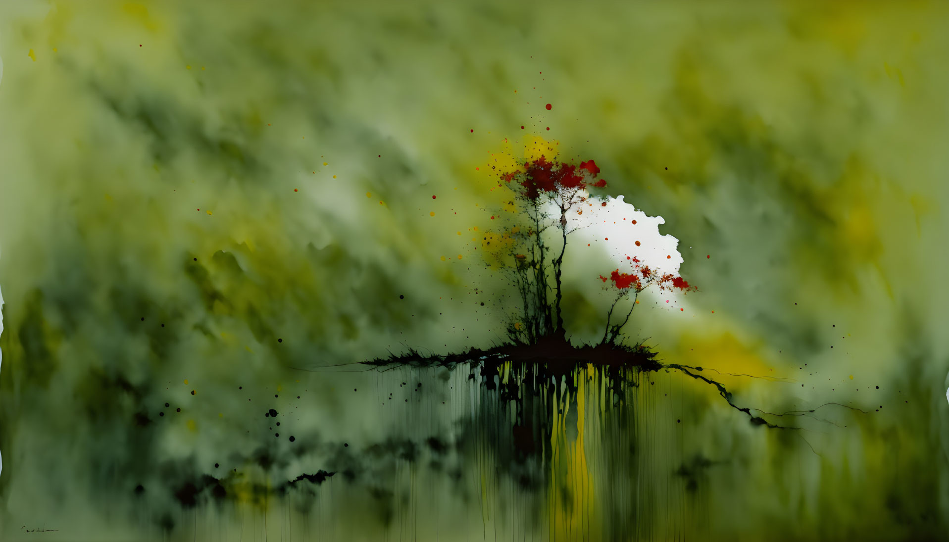 Abstract green and yellow artwork with tree-like central element and red accents