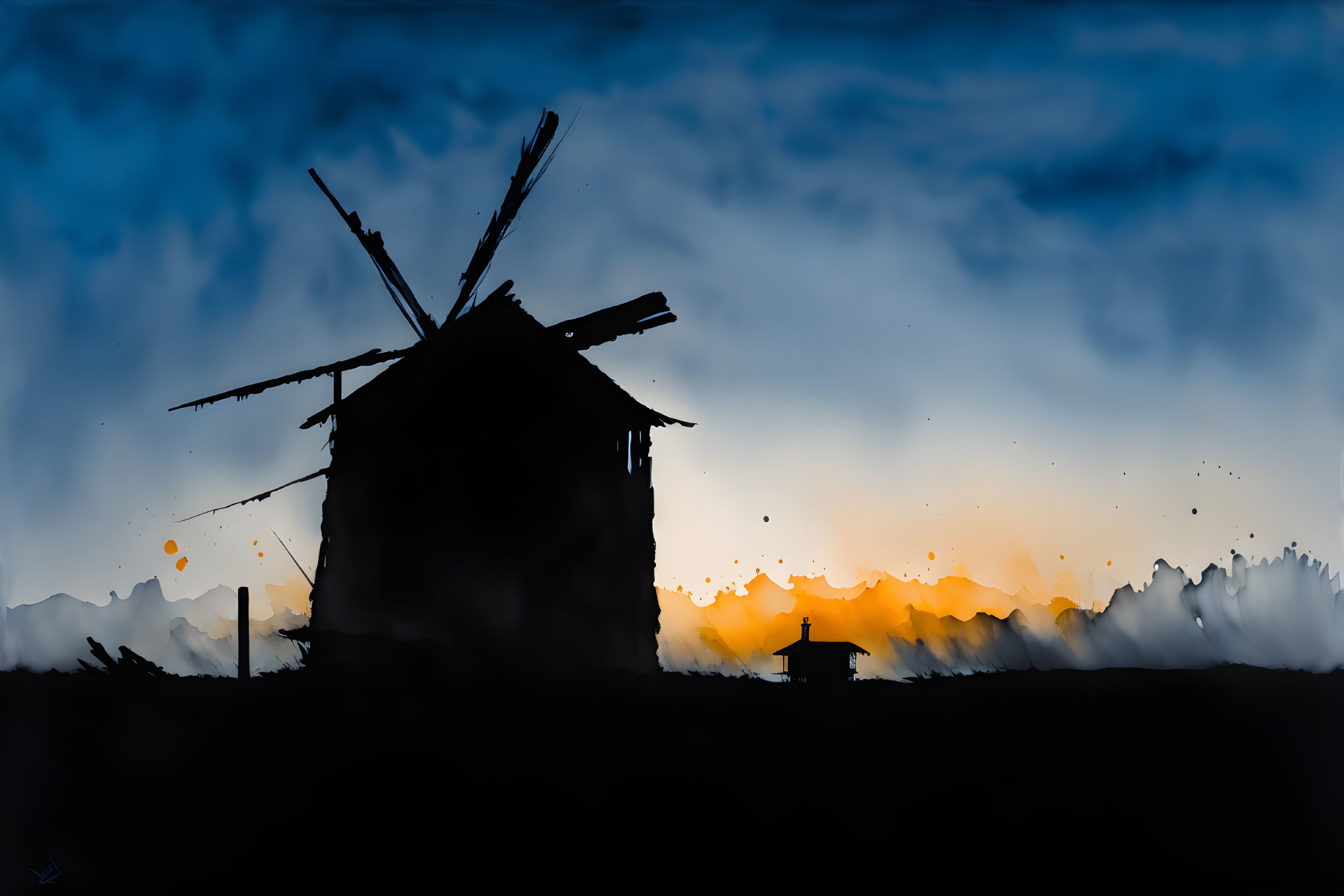 Windmill and House Silhouetted at Orange Sunset