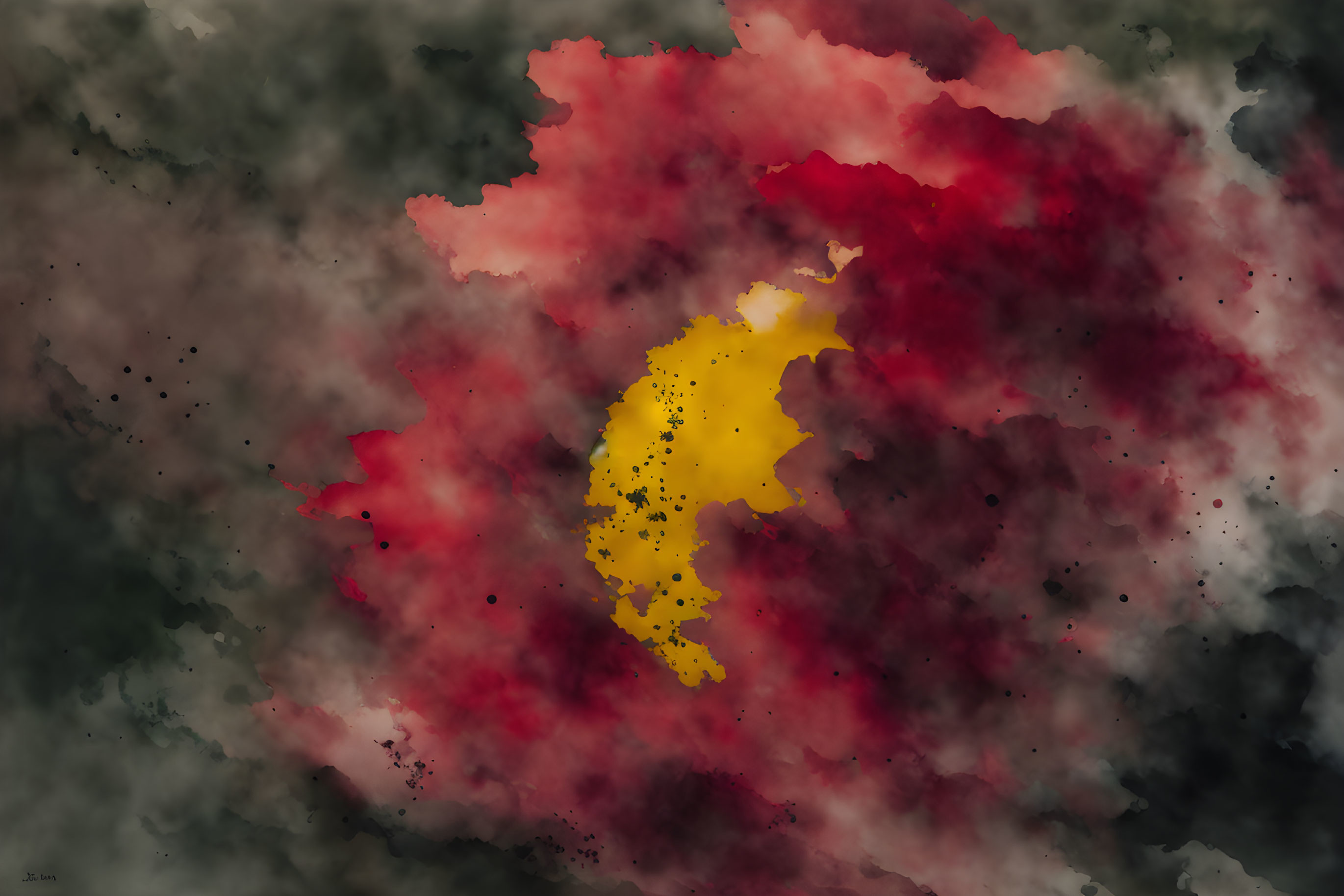 Red and Yellow Abstract Watercolor Splashes on Dark Gray Background