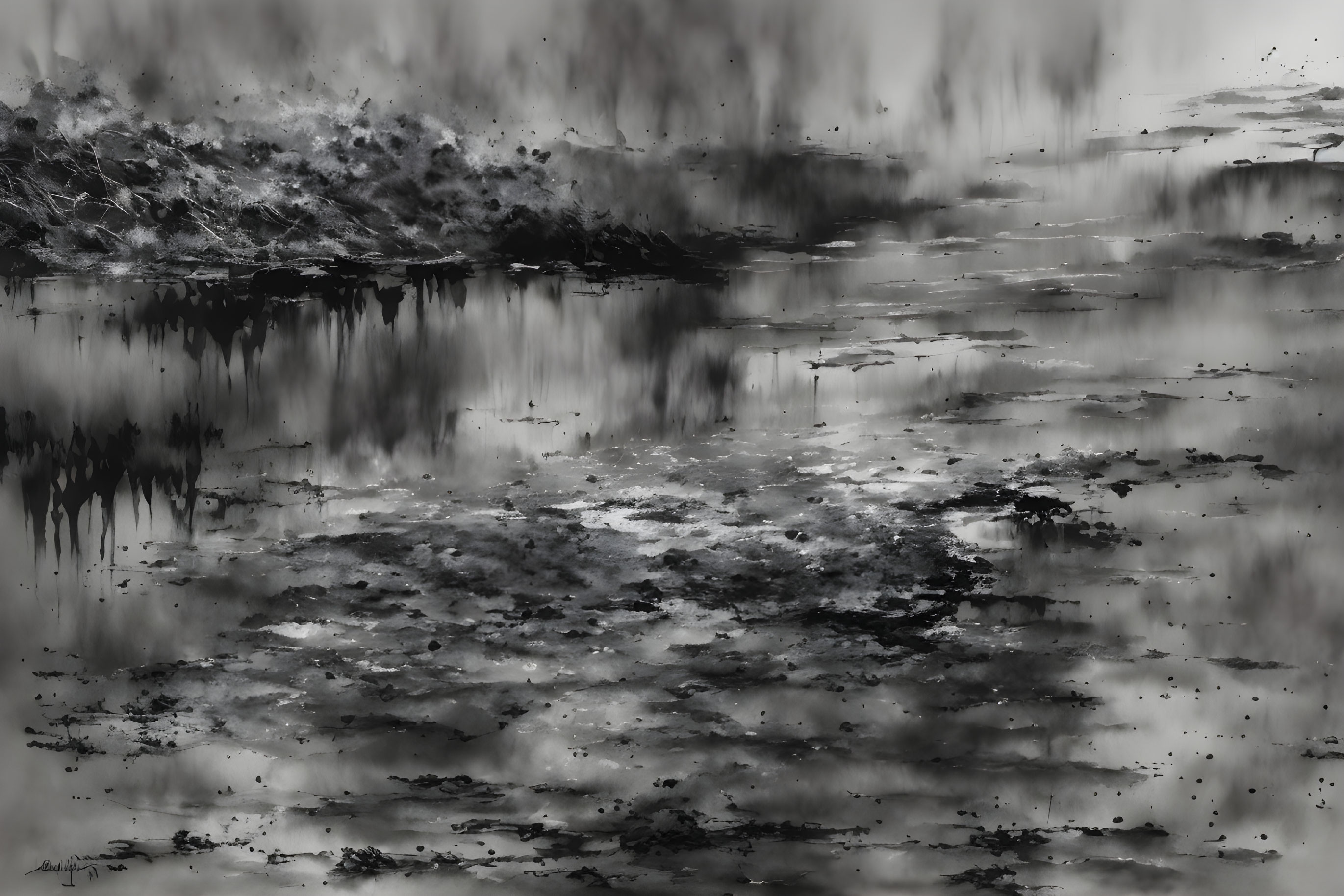 Monochromatic landscape with reflective water and mist.