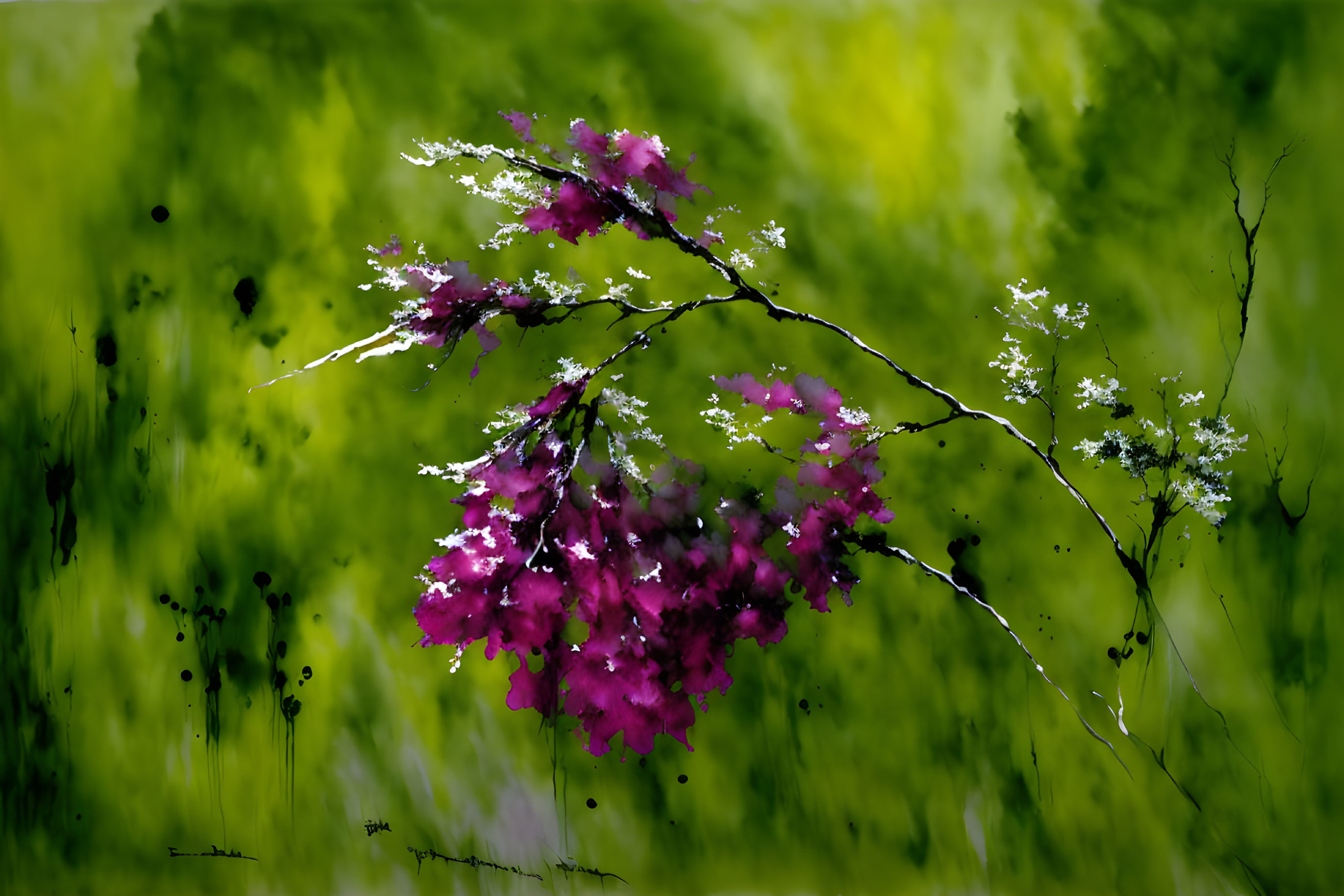 Purple Flowers on Branch Against Soft-Focus Green Background