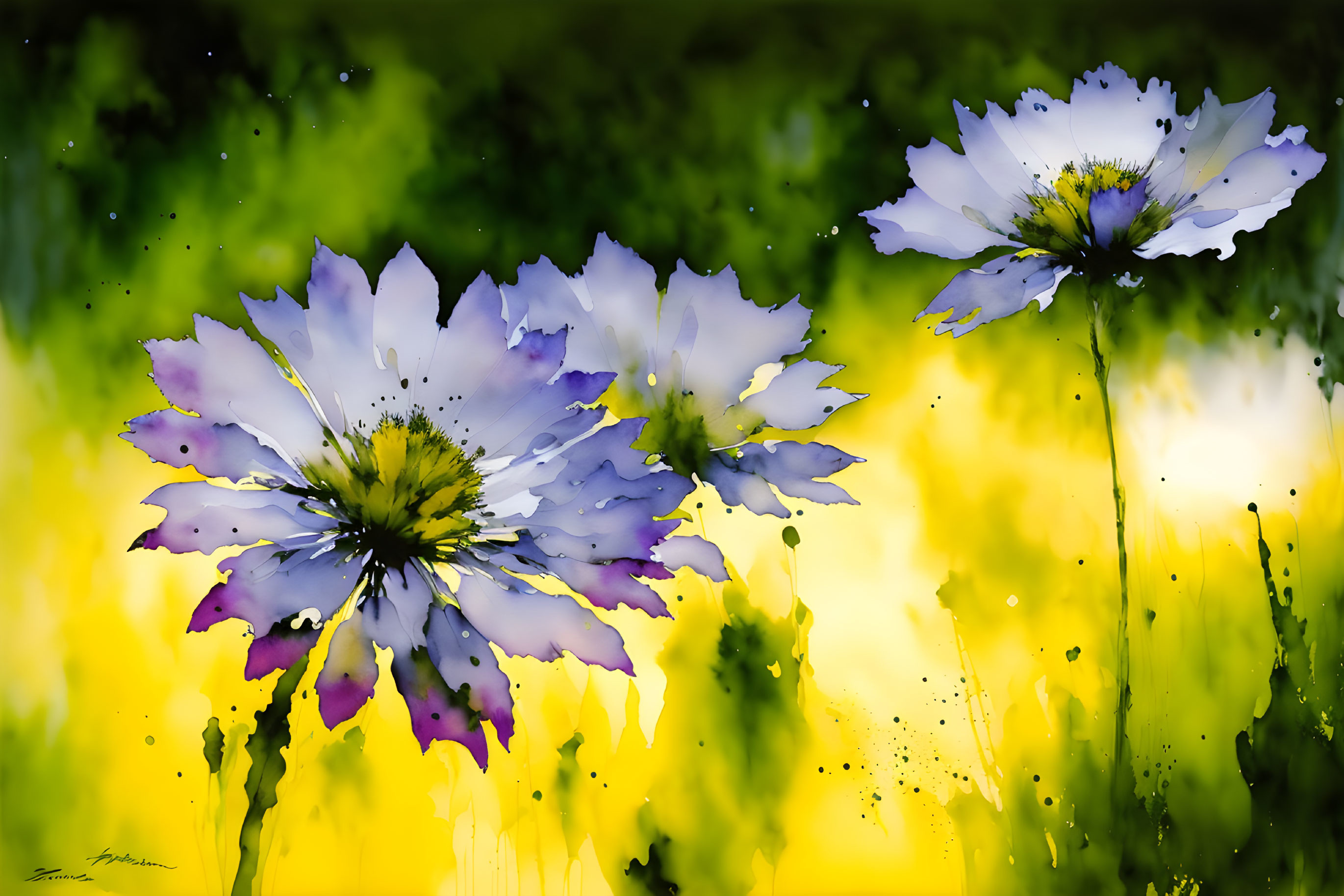 Colorful Watercolor Painting of Purple and White Flowers on Sunny Meadow