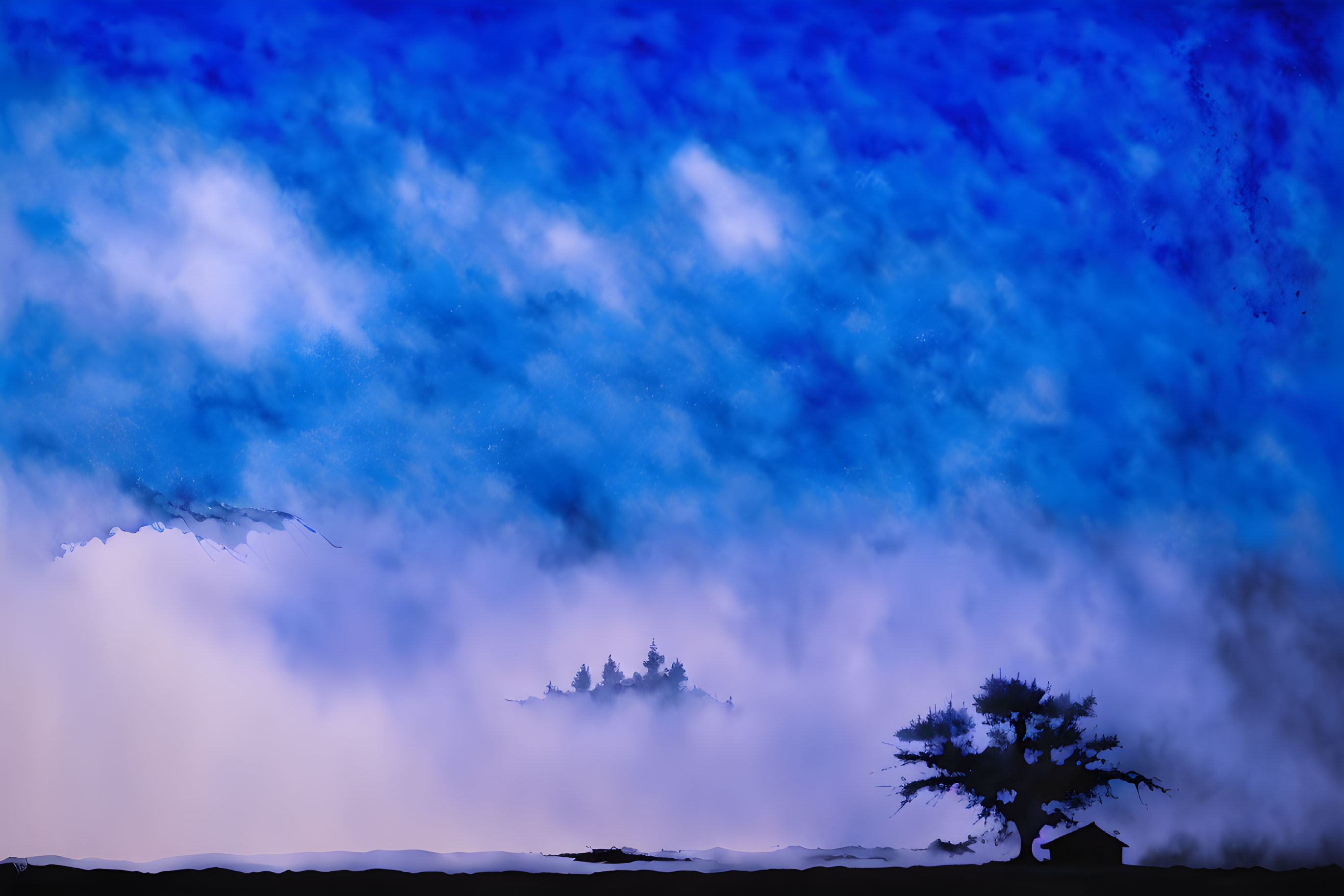 Blue sky with textured clouds over misty landscape and tree silhouettes