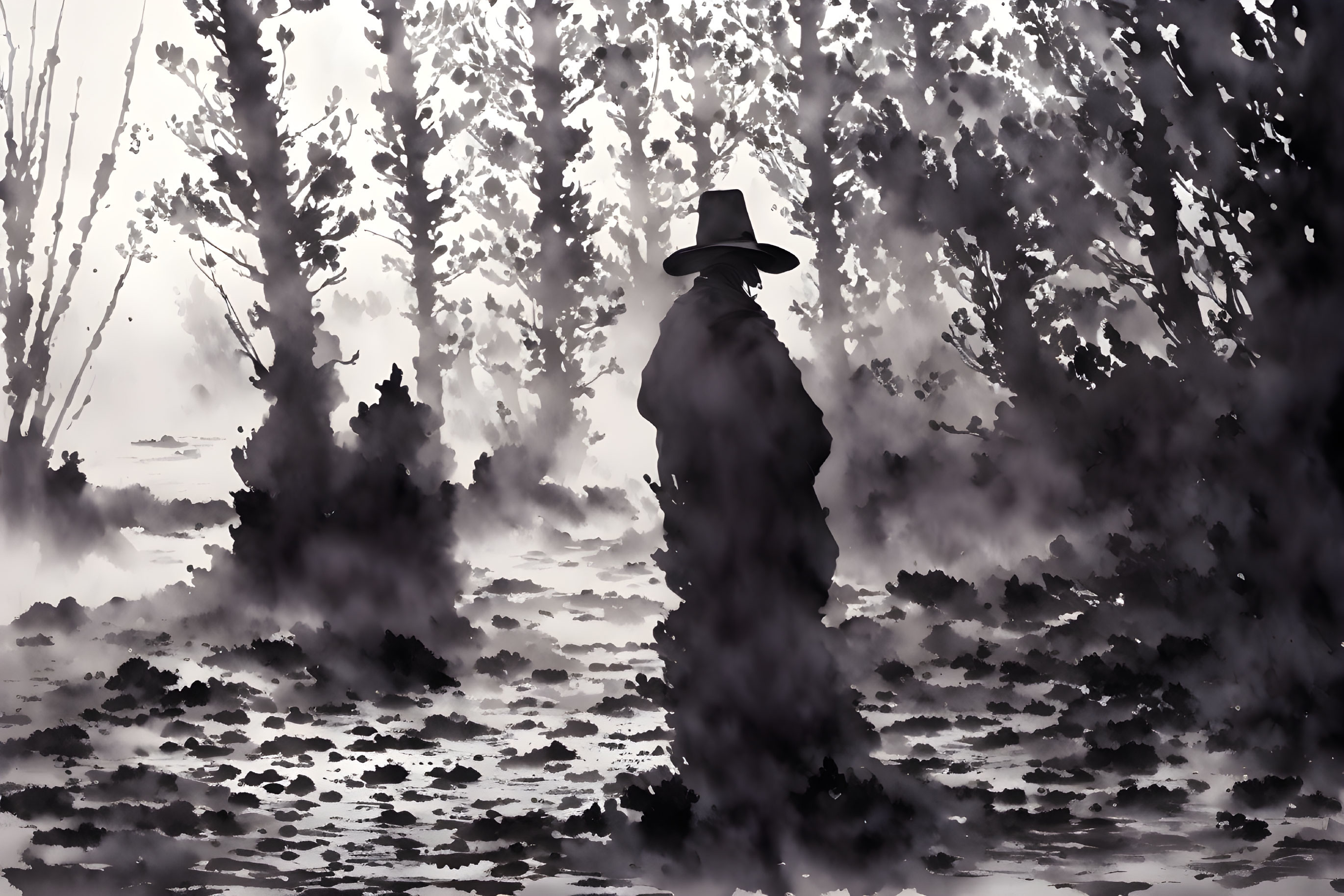 Silhouette of person in hat in misty woods creates mysterious atmosphere