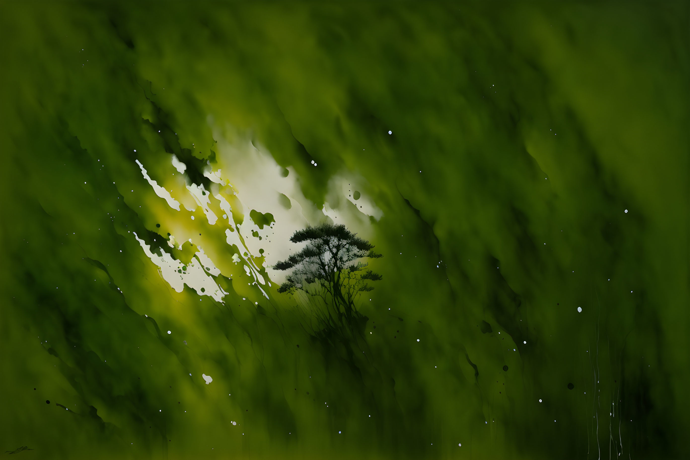 Tree silhouette on dark green background with white and yellow light splotches