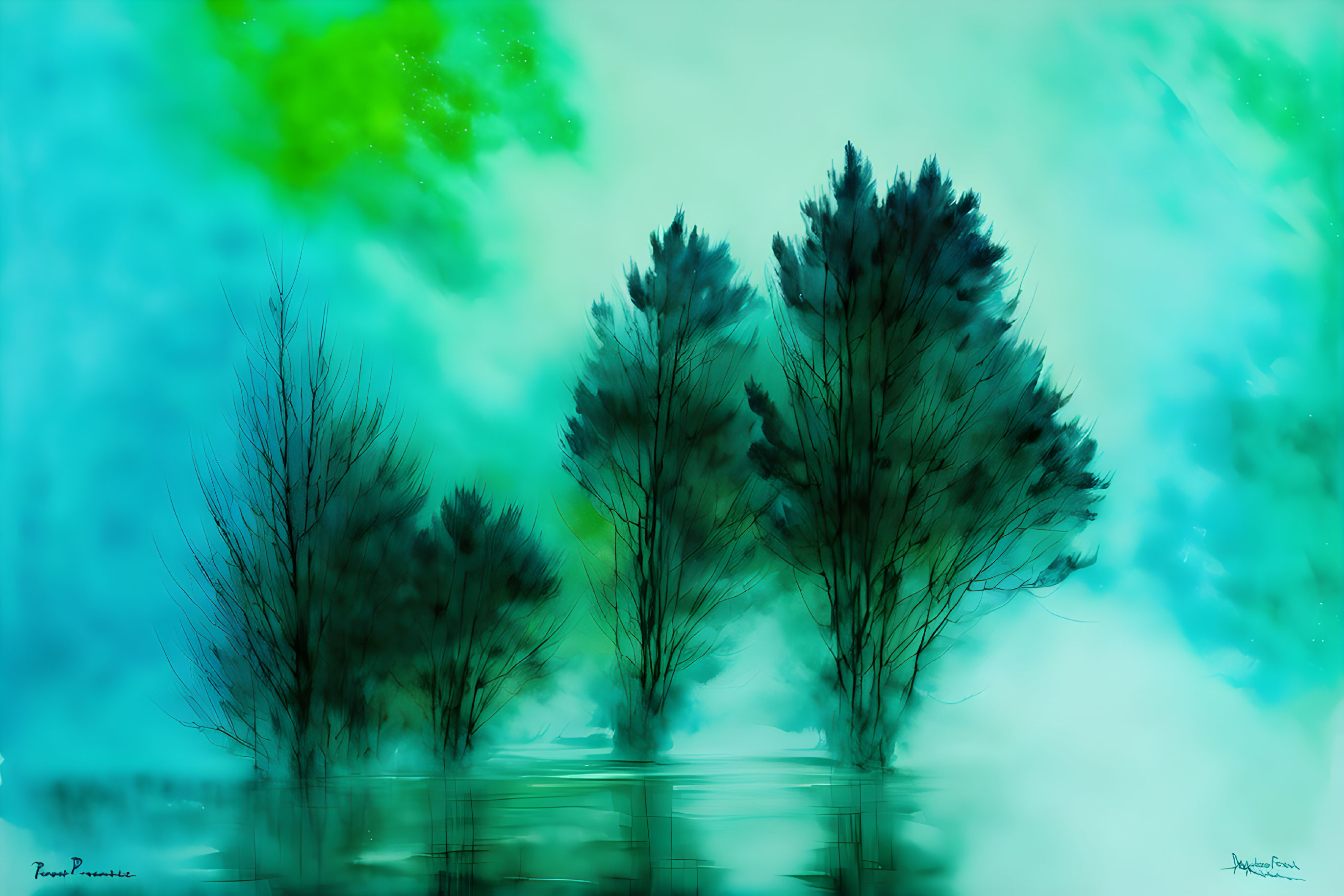 Mystical teal backdrop with silhouetted trees and serene water surface