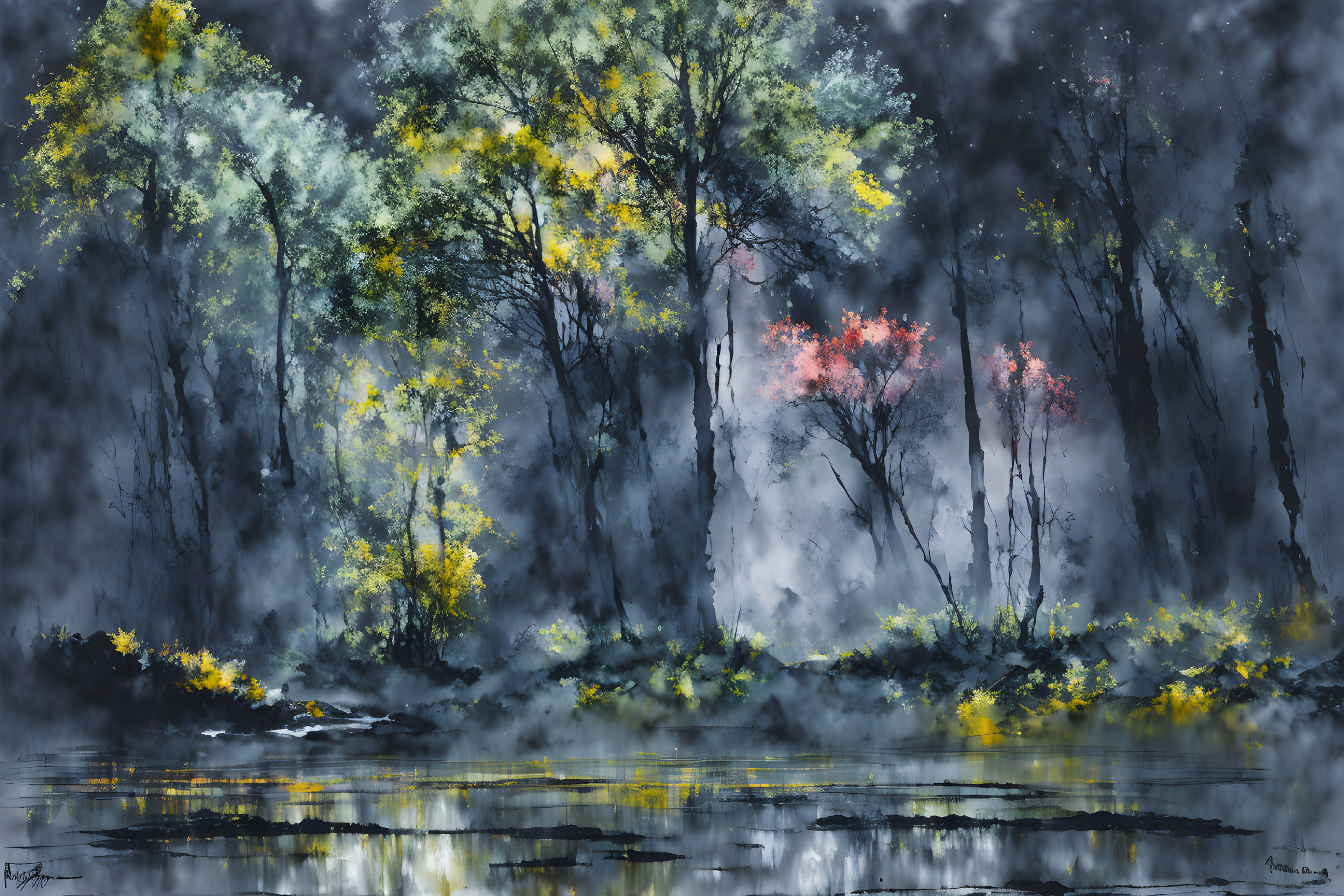 Mystical forest scene with yellow and red foliage and dark water reflection