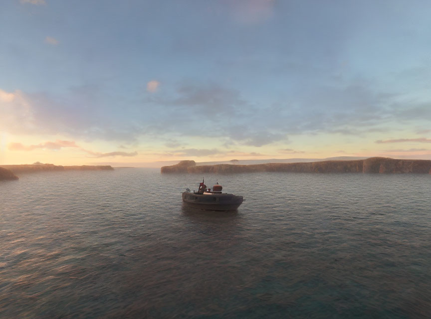 Boat on Calm Waters at Sunrise with Distant Cliffs