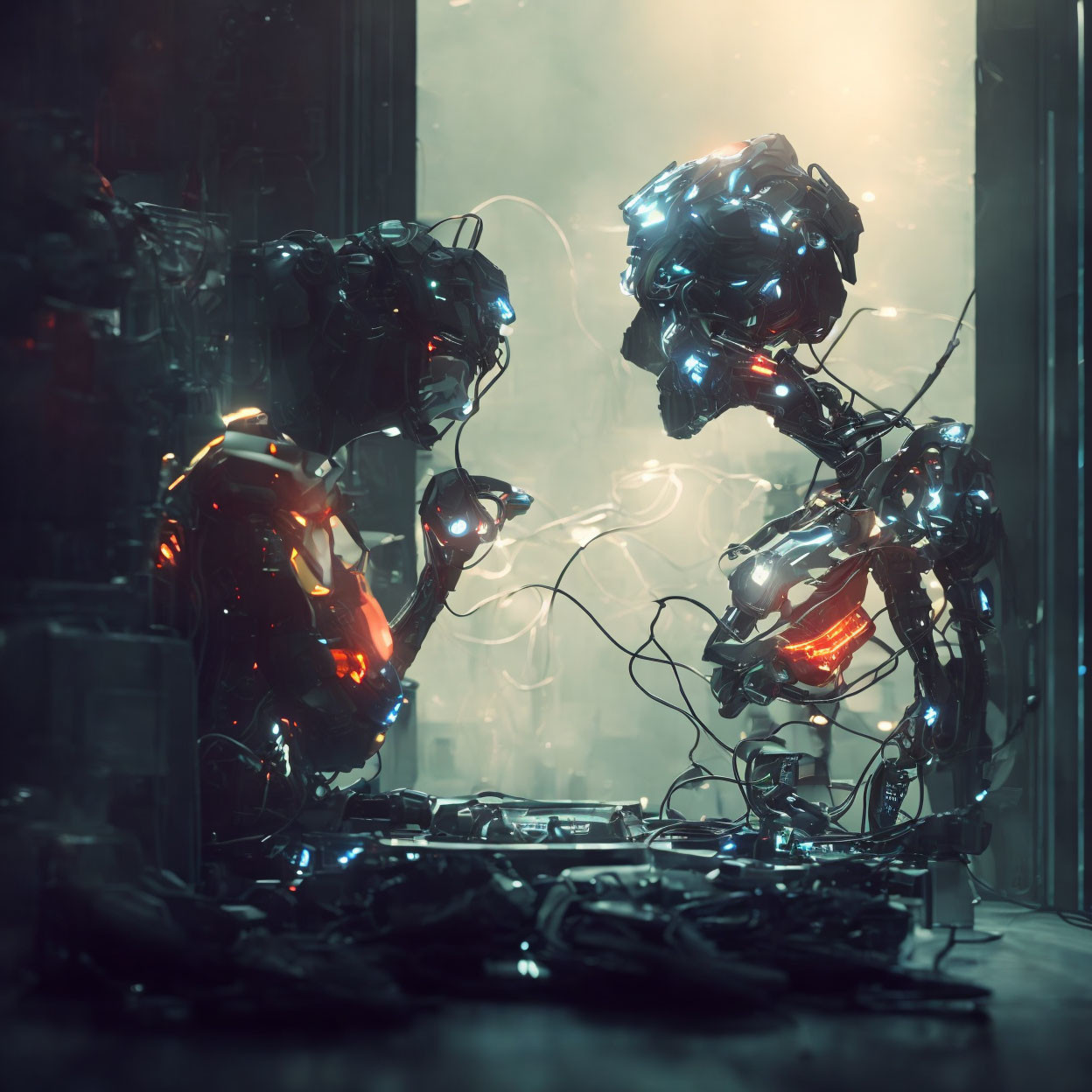 Illuminated wiring robots in futuristic neon-lit setting