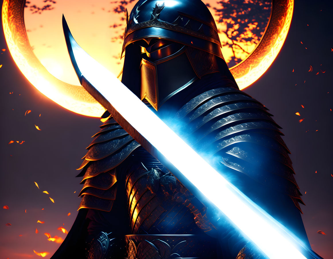 Dark-armored knight with glowing sword under crescent moon and twilight sky